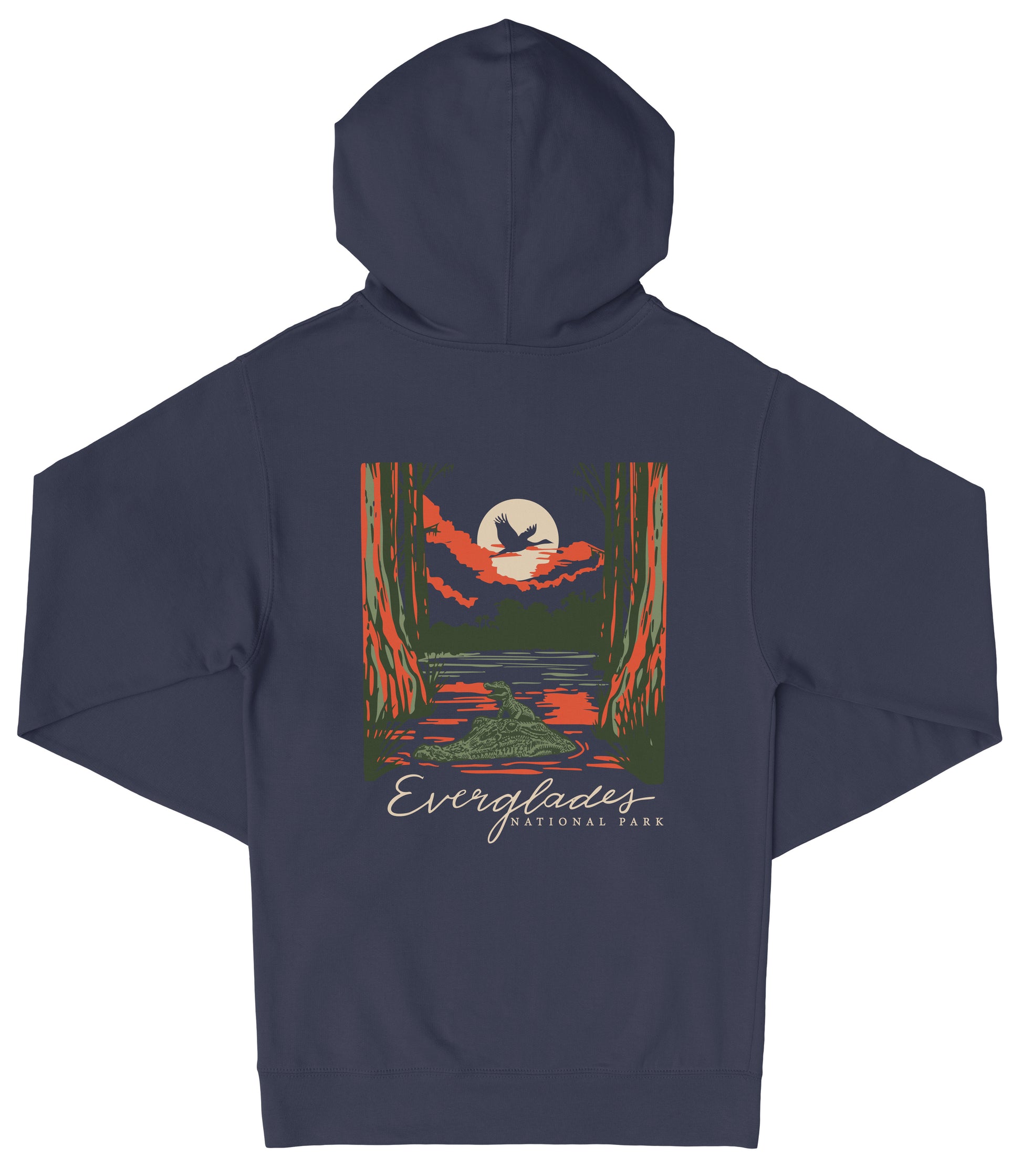 A navy blue hooded sweatshirt with a graphic design depicting a nighttime scene with a full moon, a bird, and a forest landscape.