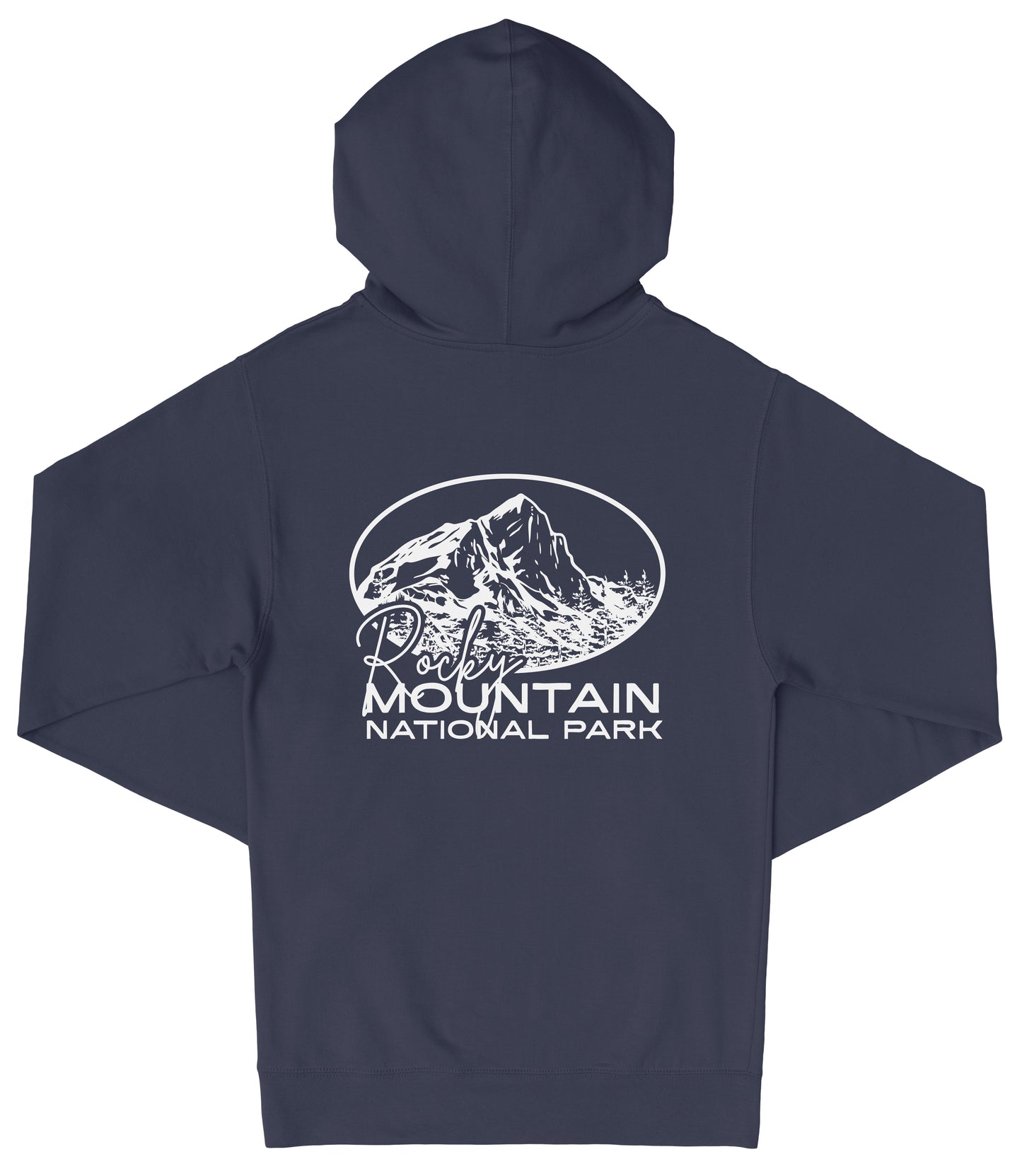 A navy blue hooded sweatshirt with a white graphic design on the back, depicting a mountain range. The text below the graphic reads "Rocky Mountain National Park".