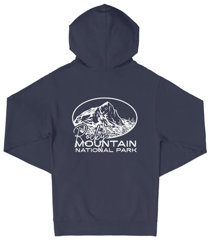 A navy blue hooded sweatshirt with a white graphic design on the back, depicting a mountain range. The text below the graphic reads "Rocky Mountain National Park".