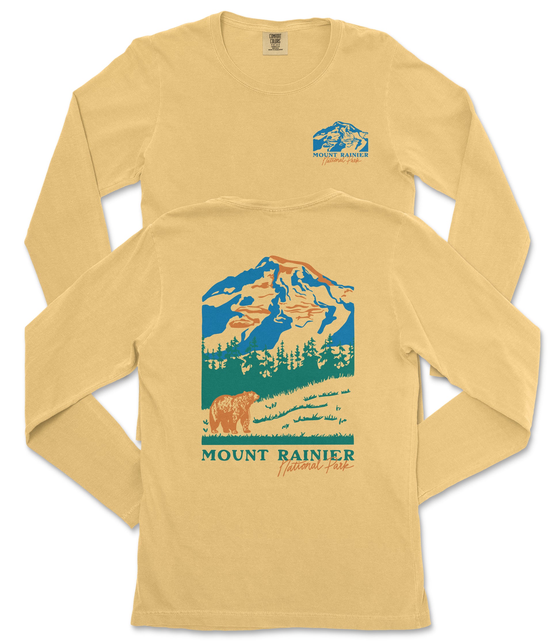 A yellow long-sleeved t-shirt with a graphic design depicting a mountain landscape and a bear.