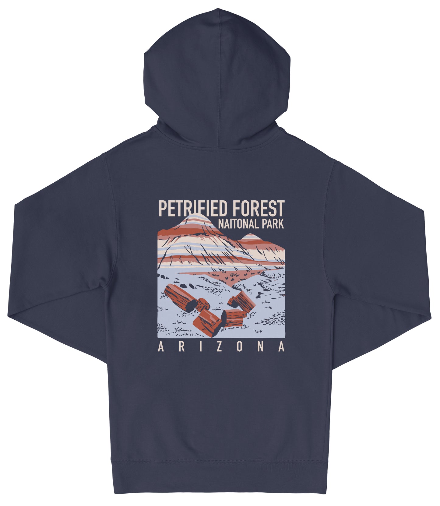 A navy blue hooded sweatshirt with a graphic design depicting a mountain range and the text "PETRIFIED FOREST NATIONAL PARK ARIZONA" printed on it.