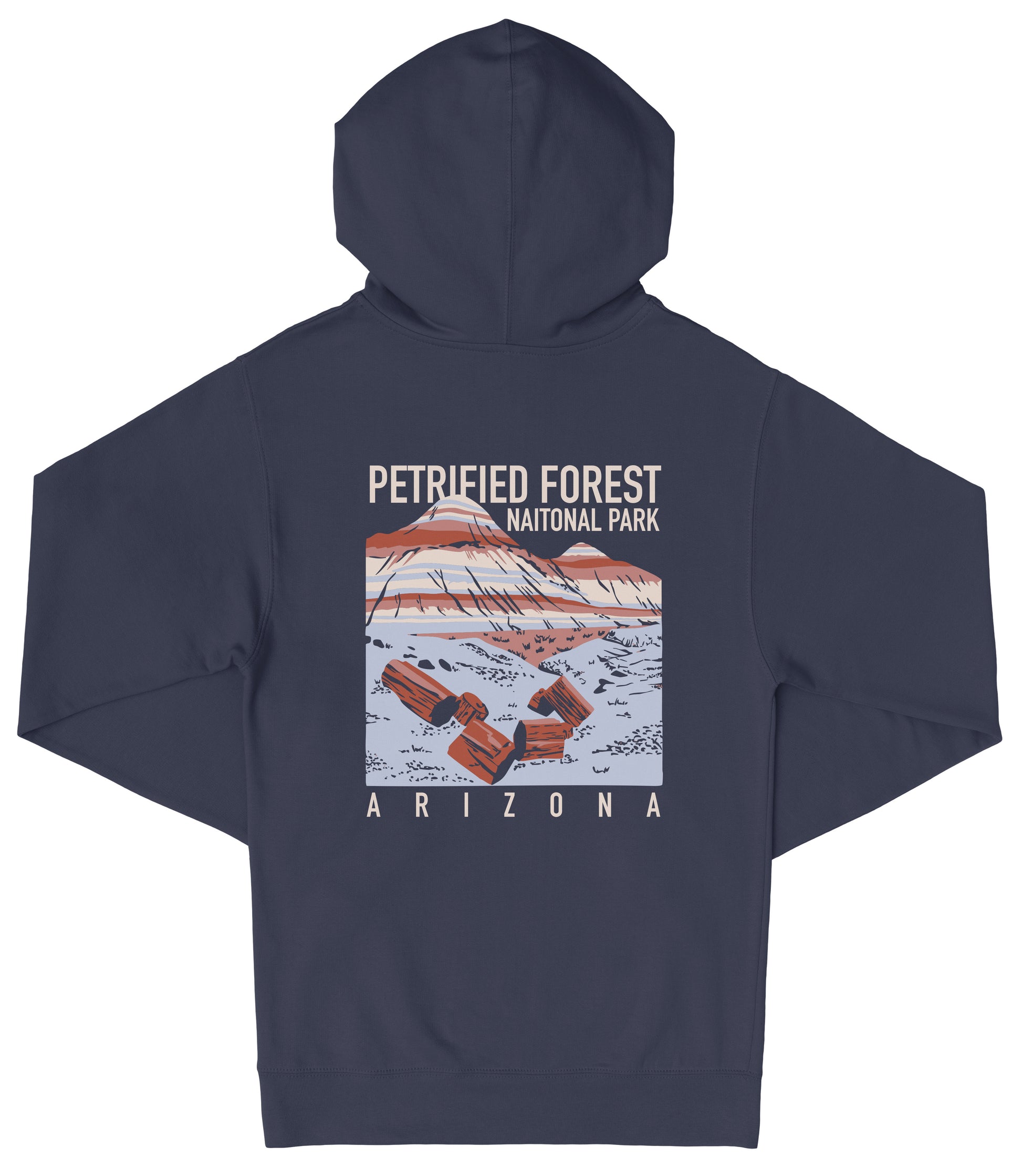 A navy blue hooded sweatshirt with a graphic design depicting a mountain range and the text "PETRIFIED FOREST NATIONAL PARK ARIZONA" printed on it.
