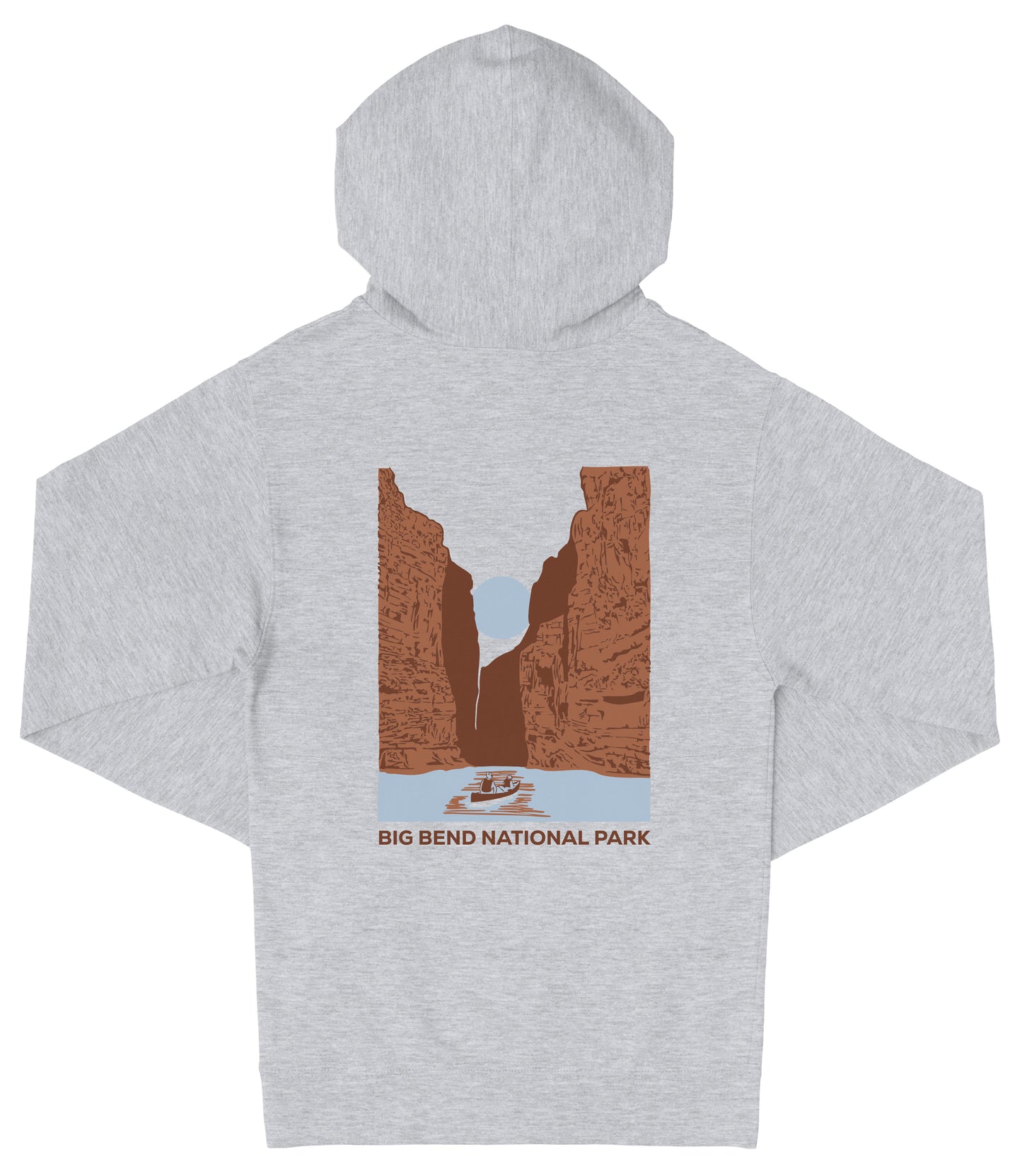 A grey hooded sweatshirt with a graphic design depicting a canyon and a boat on a river.