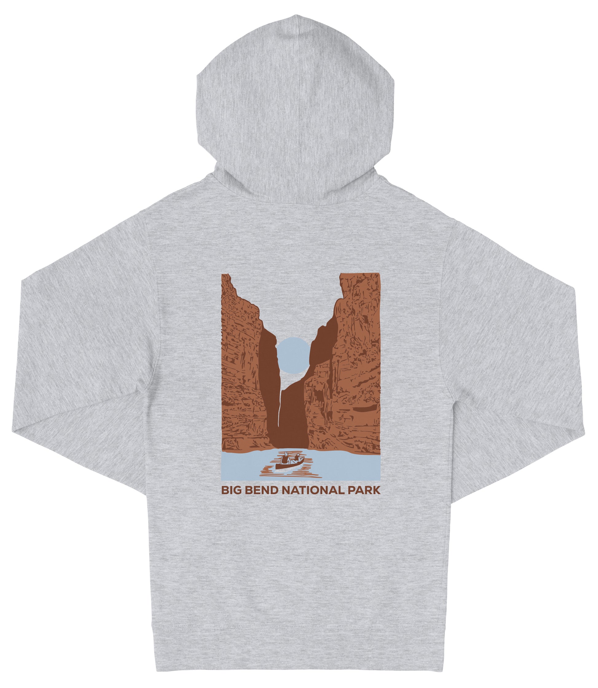 A grey hooded sweatshirt with a graphic design depicting a canyon and a boat on a river.