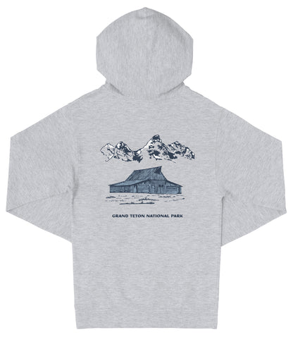 A gray hooded sweatshirt with a graphic design depicting a cabin and mountains in the background, along with the text "Grand Teton National Park".