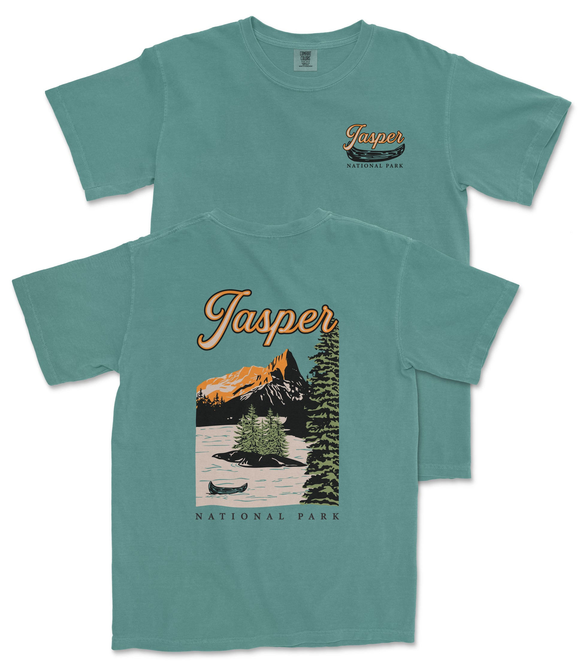 A green t-shirt with a graphic design depicting a scenic landscape with mountains, trees, and a lake, along with the text "Jasper National Park".