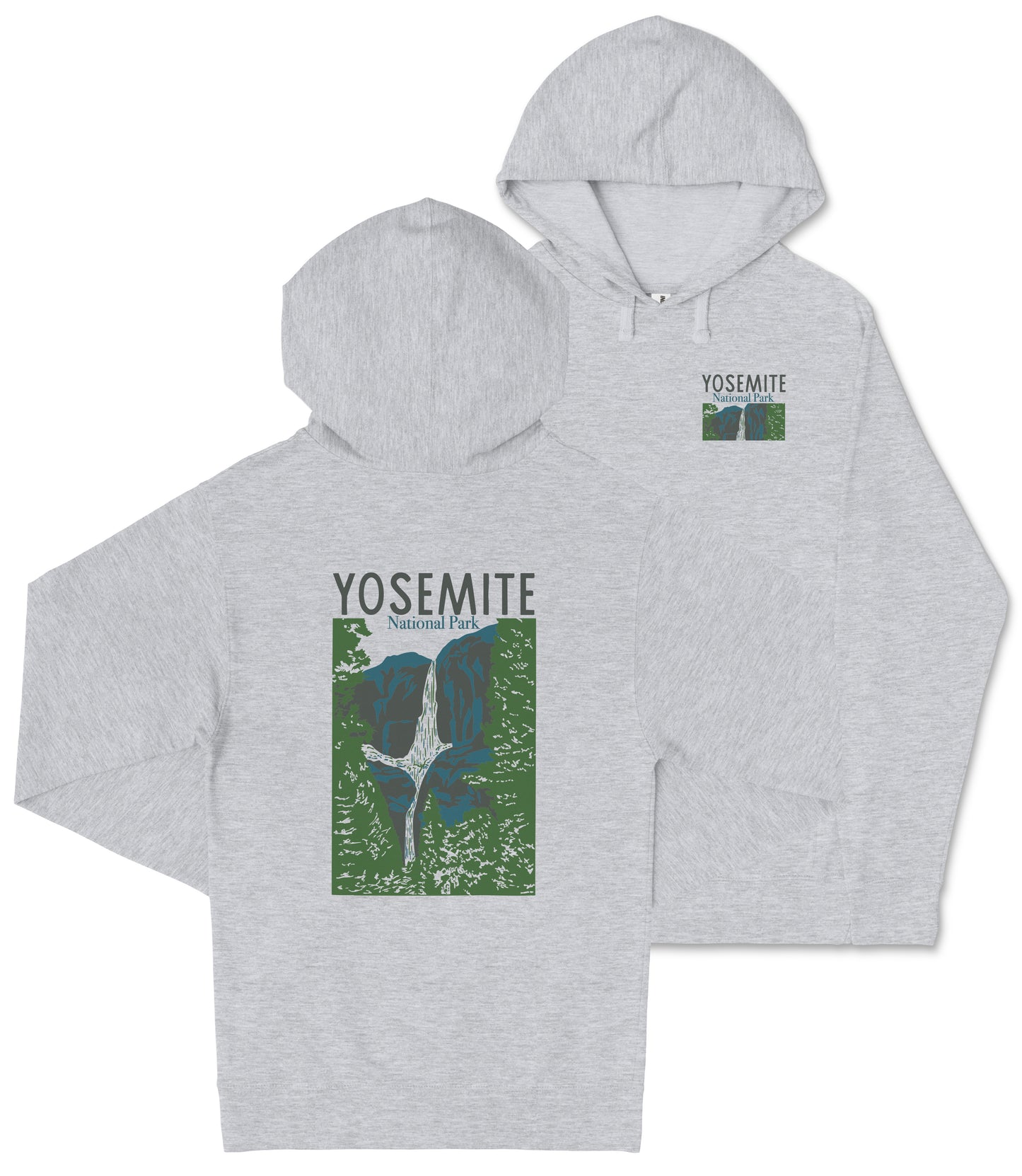 A gray hooded sweatshirt with a graphic design featuring a mountain range and the text "YOSEMITE National Park" printed on it.