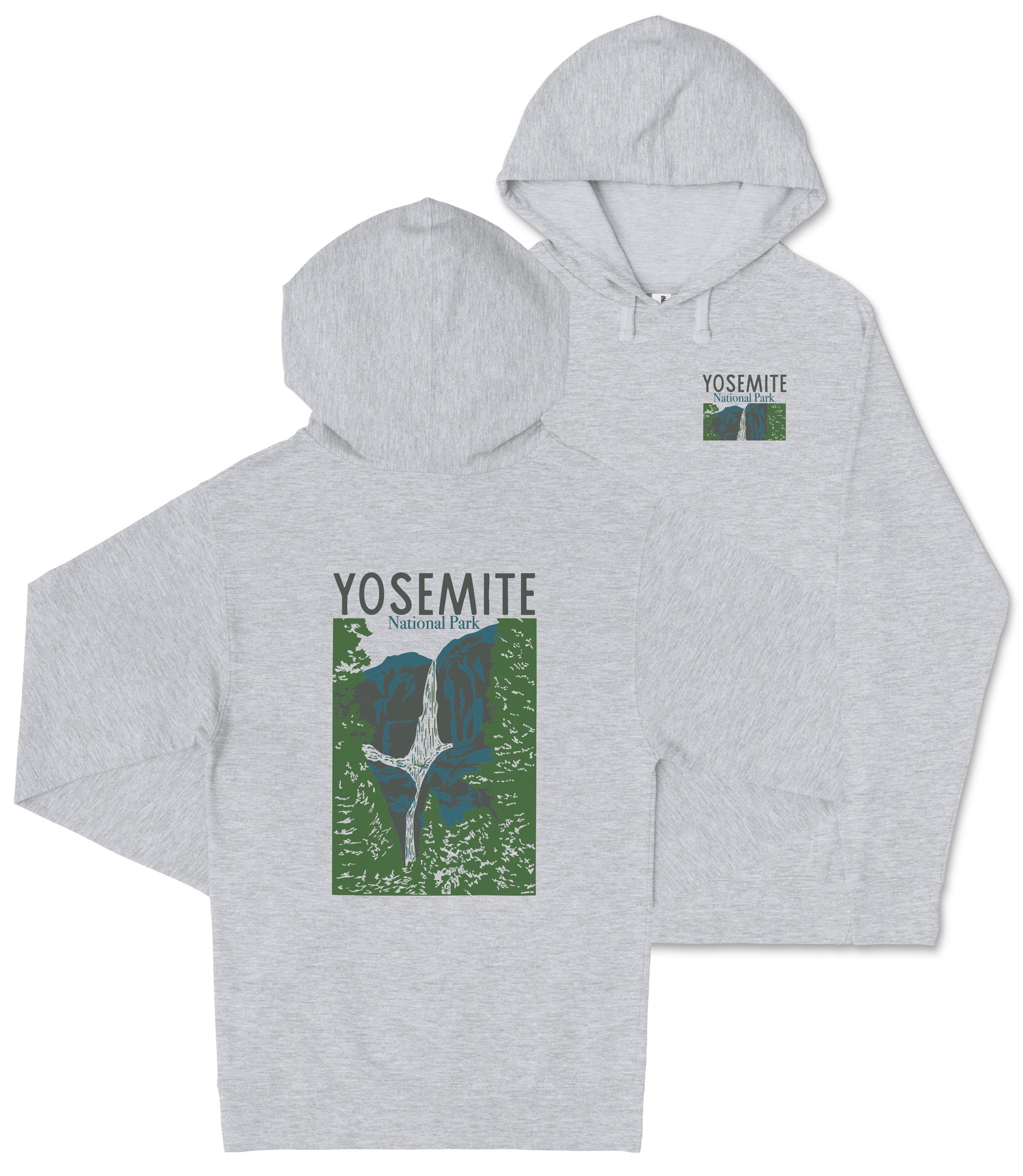 A gray hooded sweatshirt with a graphic design featuring a mountain range and the text "YOSEMITE National Park" printed on it.