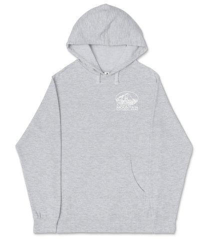 A gray hooded sweatshirt with a mountain graphic on the front.