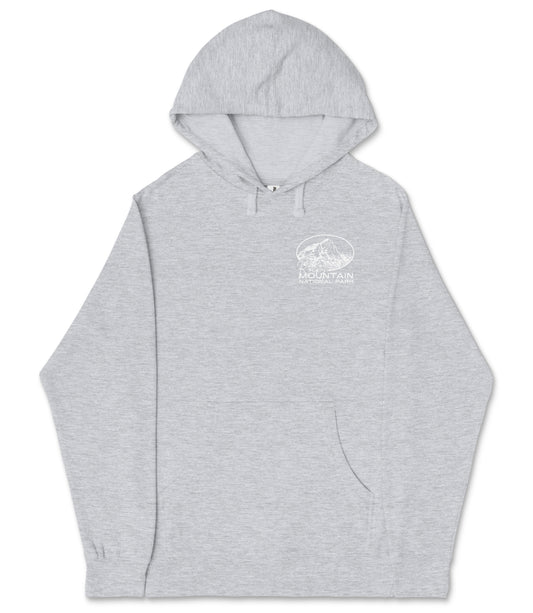 A gray hooded sweatshirt with a mountain graphic on the front.