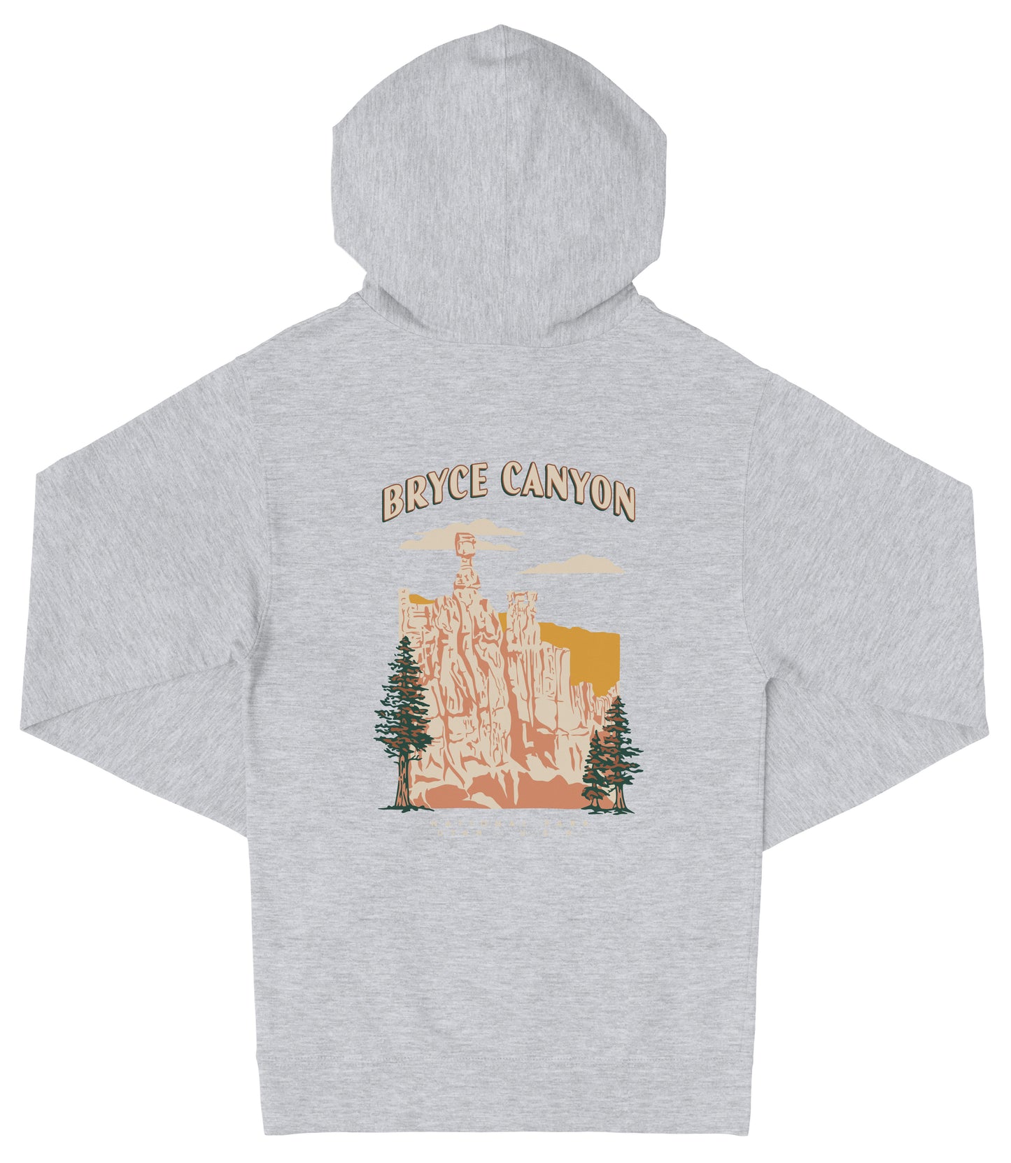 A gray hooded sweatshirt with a graphic design depicting the Bryce Canyon National Park in the United States.