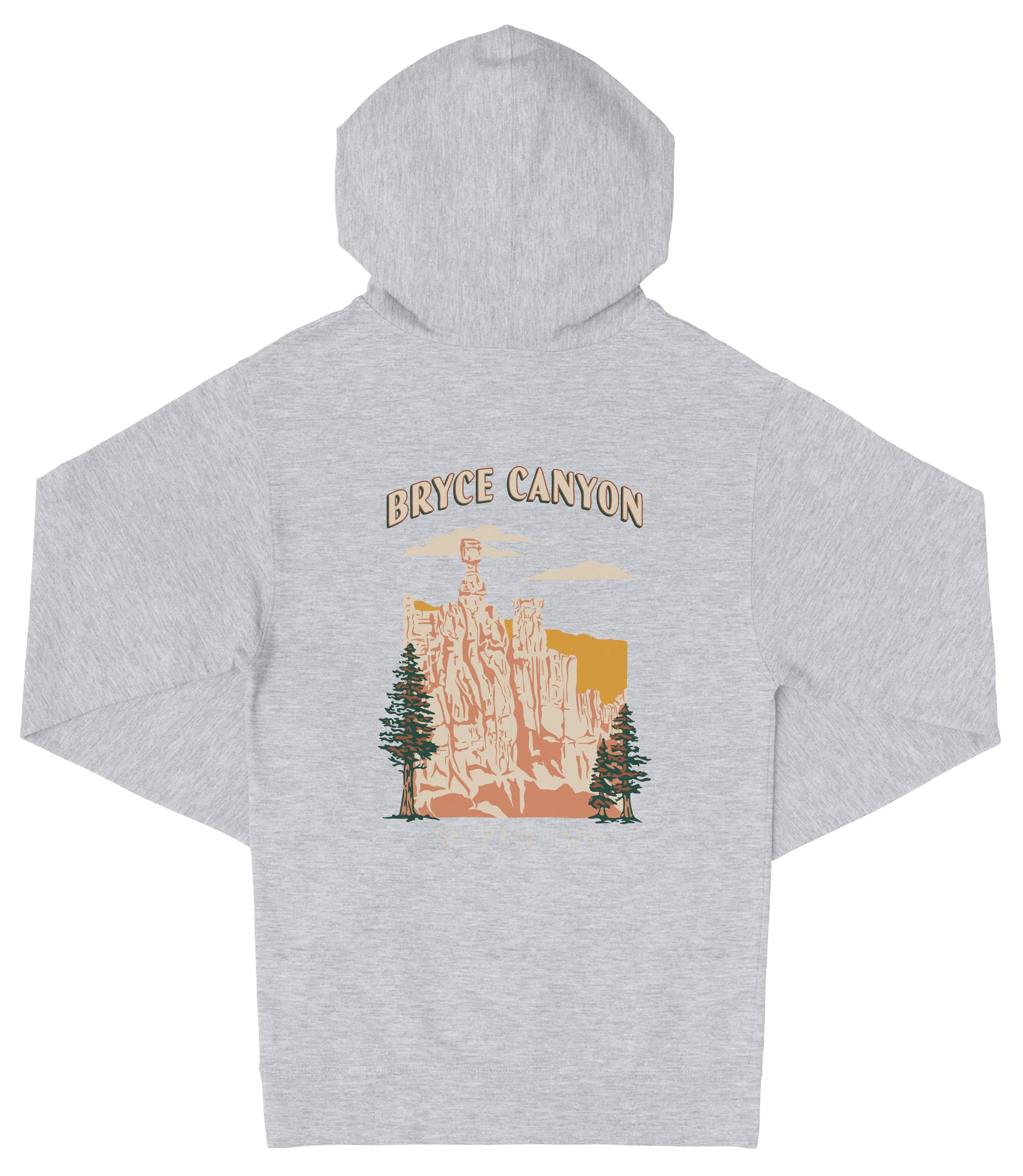A gray hooded sweatshirt with a graphic design depicting the Bryce Canyon National Park in the United States.