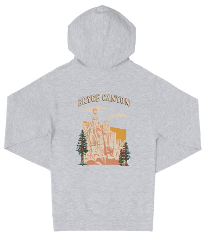 A gray hooded sweatshirt with a graphic design depicting the Bryce Canyon National Park in the United States.