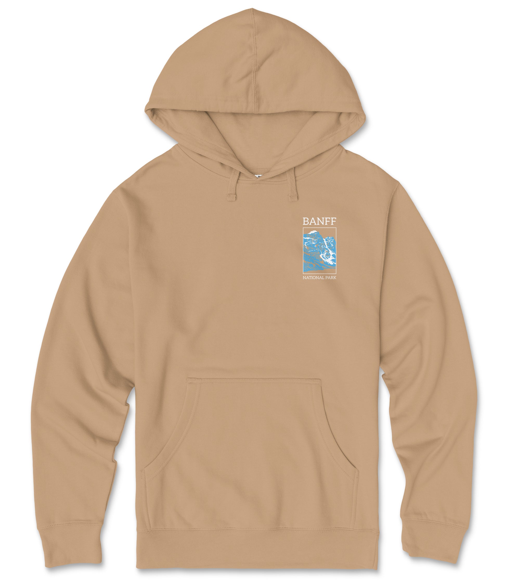 A beige hooded sweatshirt with a graphic design on the front pocket.