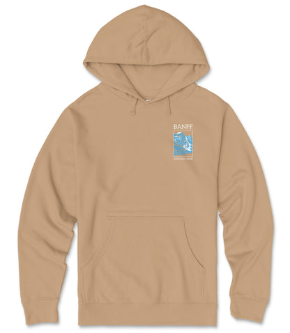 A beige hooded sweatshirt with a graphic design on the front pocket.