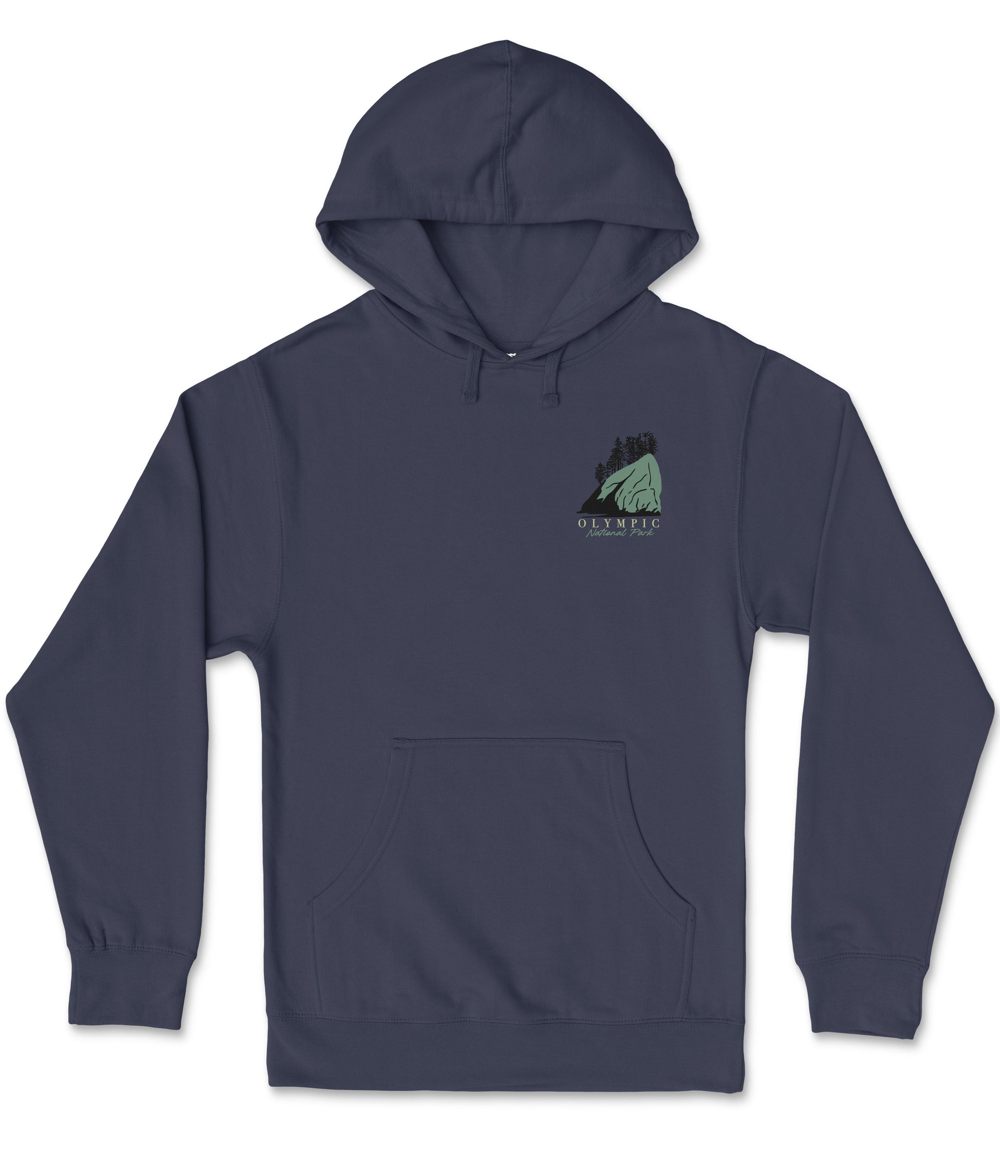 A navy blue hooded sweatshirt with a graphic design on the front.
