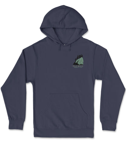 A navy blue hooded sweatshirt with a graphic design on the front.
