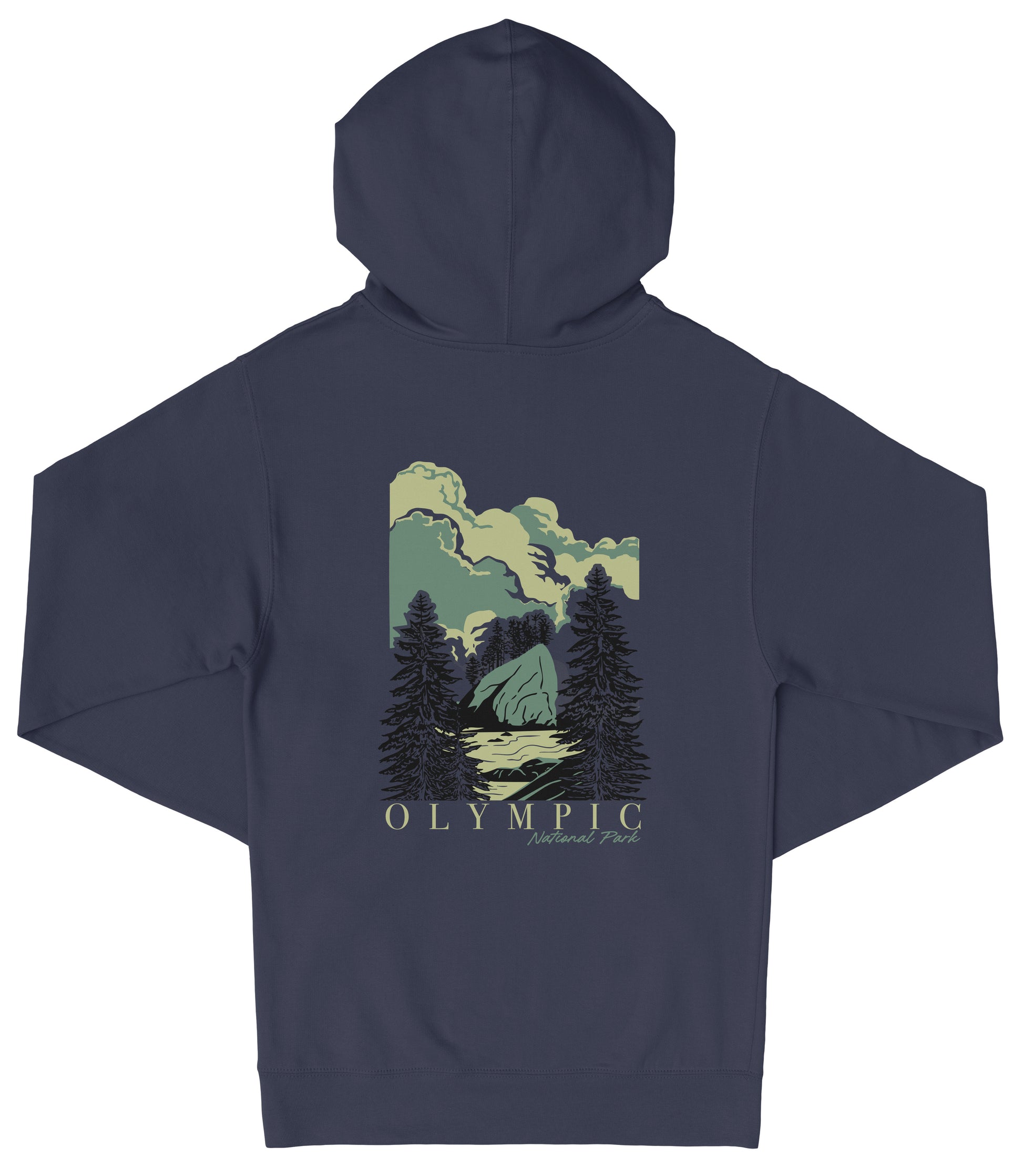 A navy blue hooded sweatshirt with a graphic design depicting a mountain landscape with pine trees and a body of water.