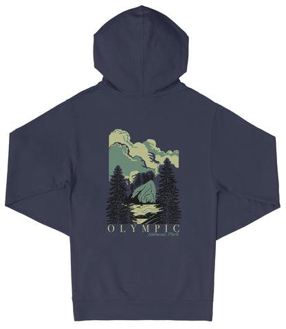 A navy blue hooded sweatshirt with a graphic design depicting a mountain landscape with pine trees and a body of water.