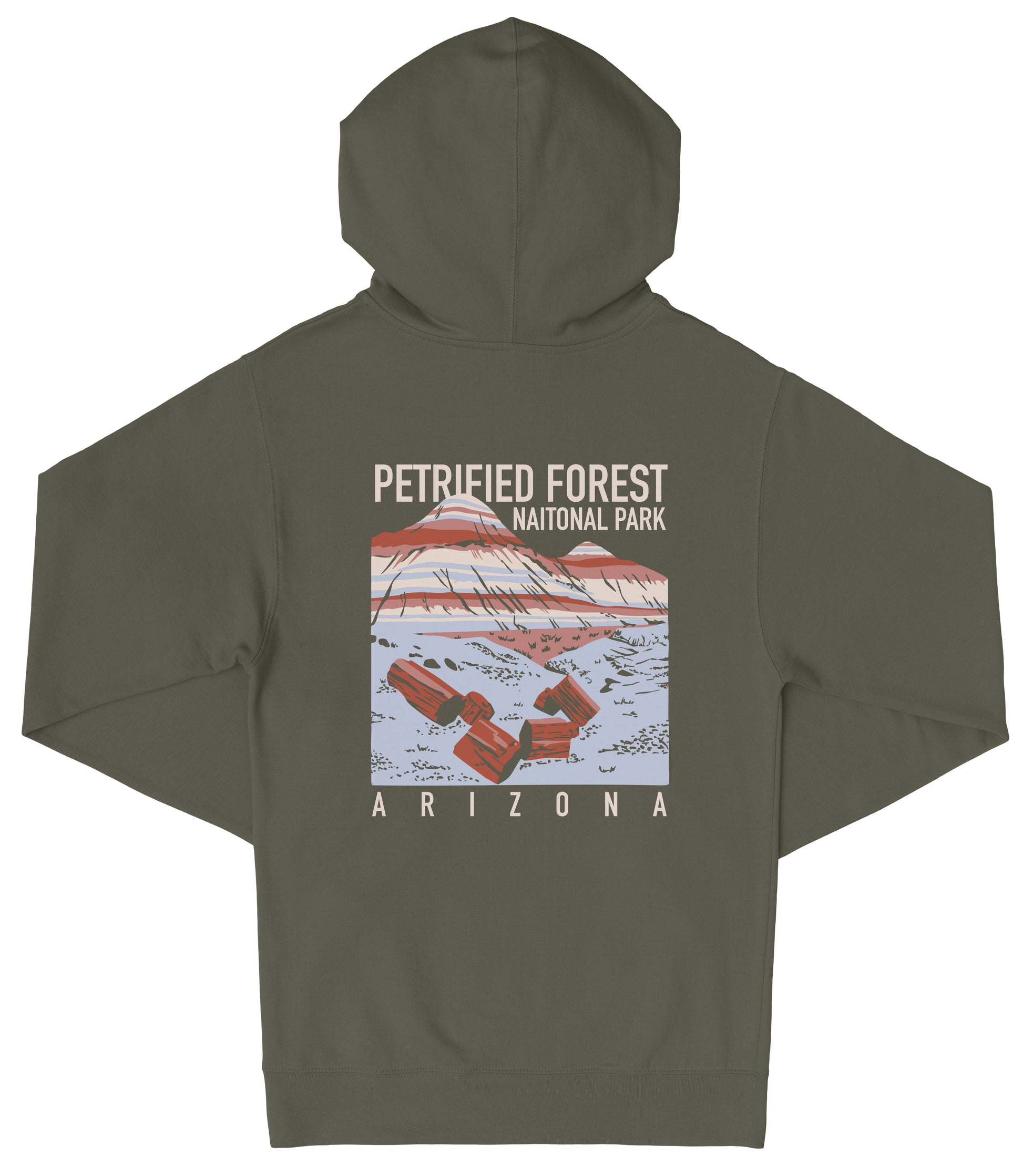 A dark green hooded sweatshirt with a graphic design depicting a mountain and text that reads "PETRIFIED FOREST NATIONAL PARK ARIZONA".