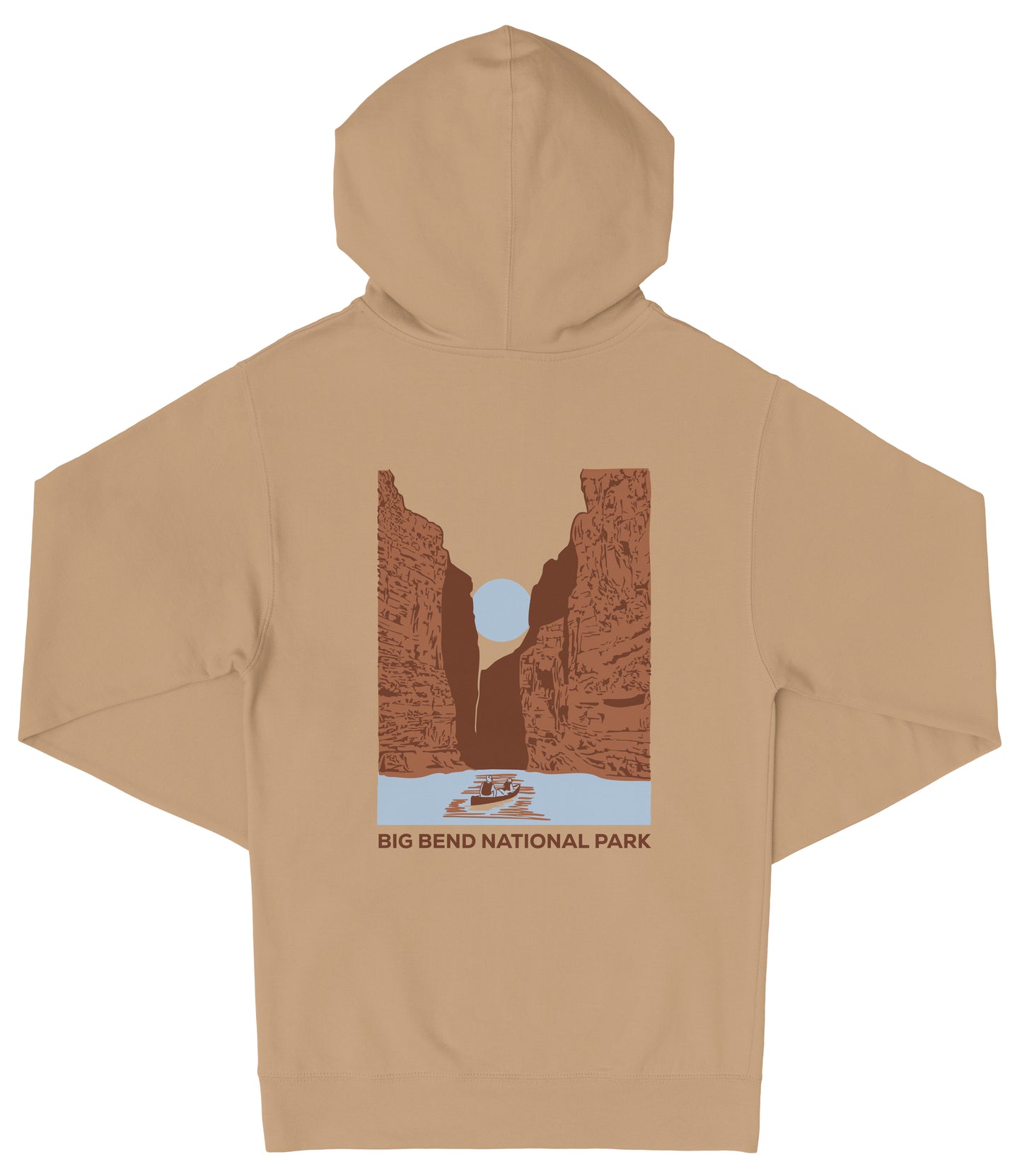 A beige hooded sweatshirt with a graphic design depicting a canyon landscape and a boat on a river.