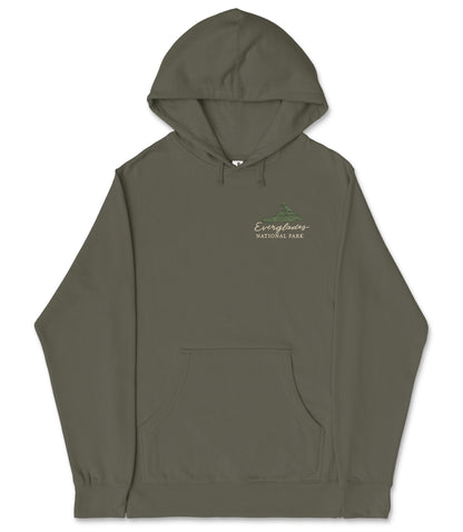 A dark green hooded sweatshirt with a logo on the left side.