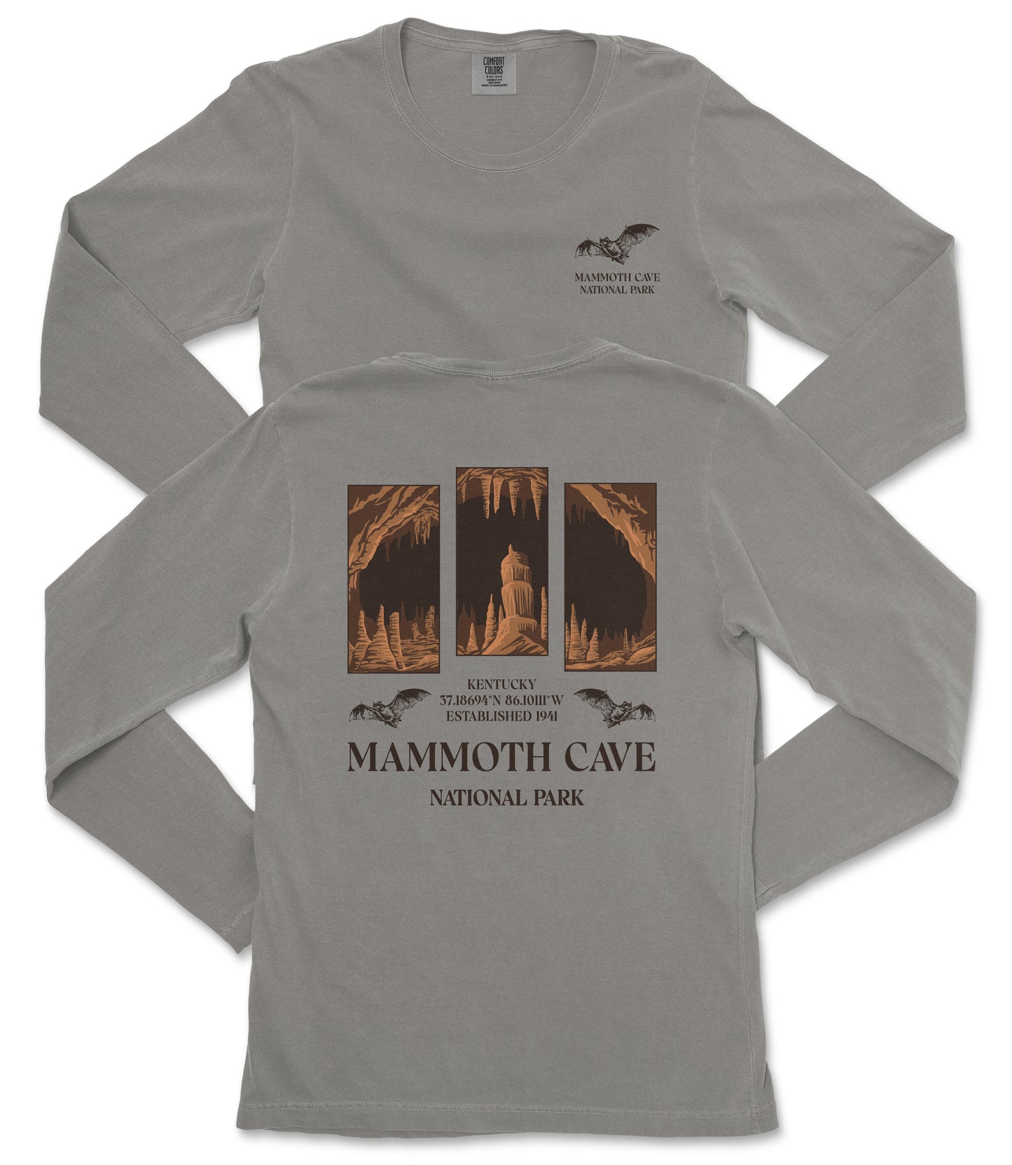a gray long-sleeved t-shirt with a graphic design depicting the Mammoth Cave National Park in Kentucky.