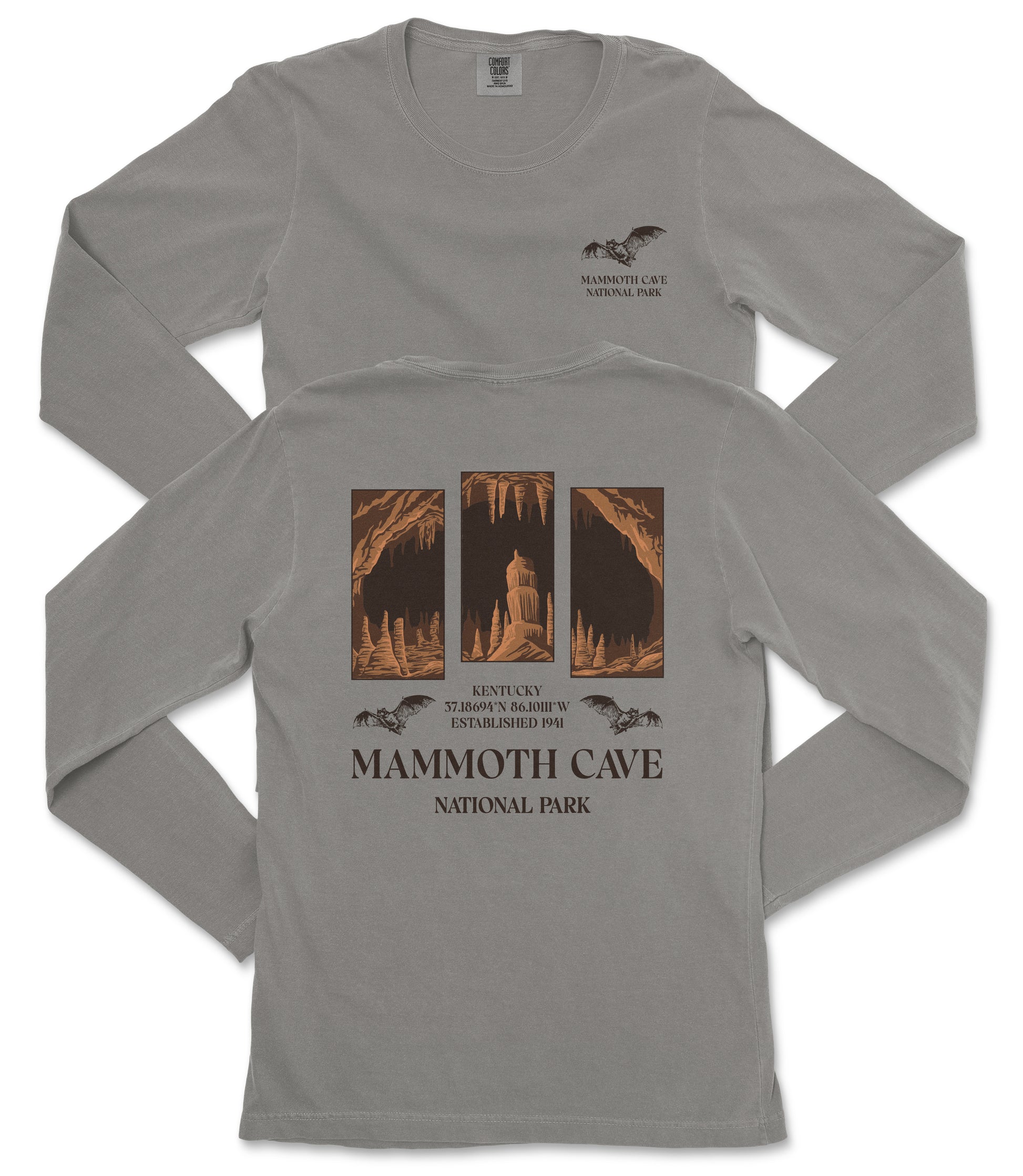 a gray long-sleeved t-shirt with a graphic design depicting the Mammoth Cave National Park in Kentucky.