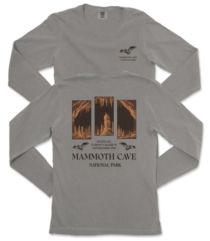 a gray long-sleeved t-shirt with a graphic design depicting the Mammoth Cave National Park in Kentucky.