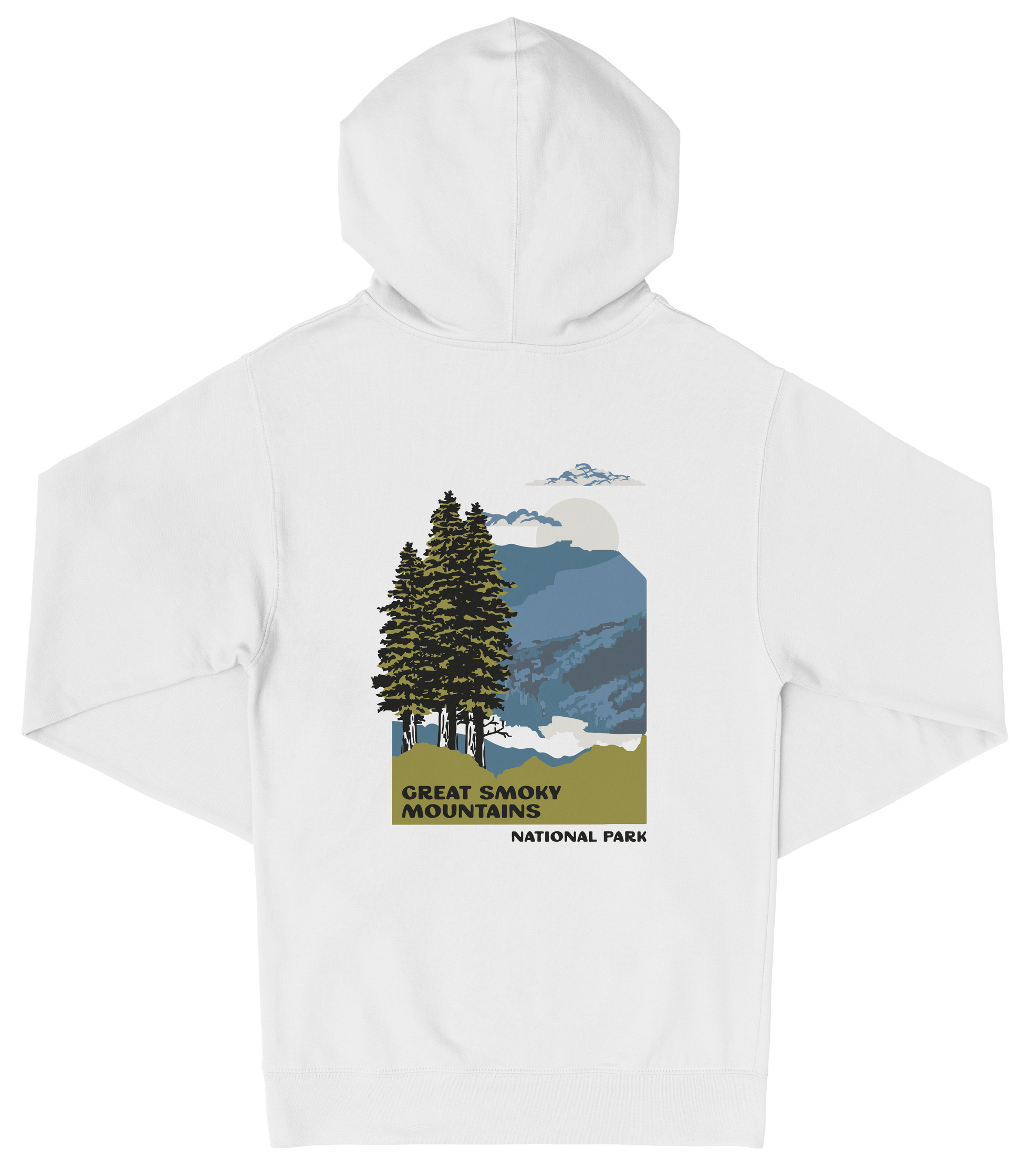 A white hooded sweatshirt with a graphic design depicting a scenic mountain landscape with pine trees and a cloudy sky.