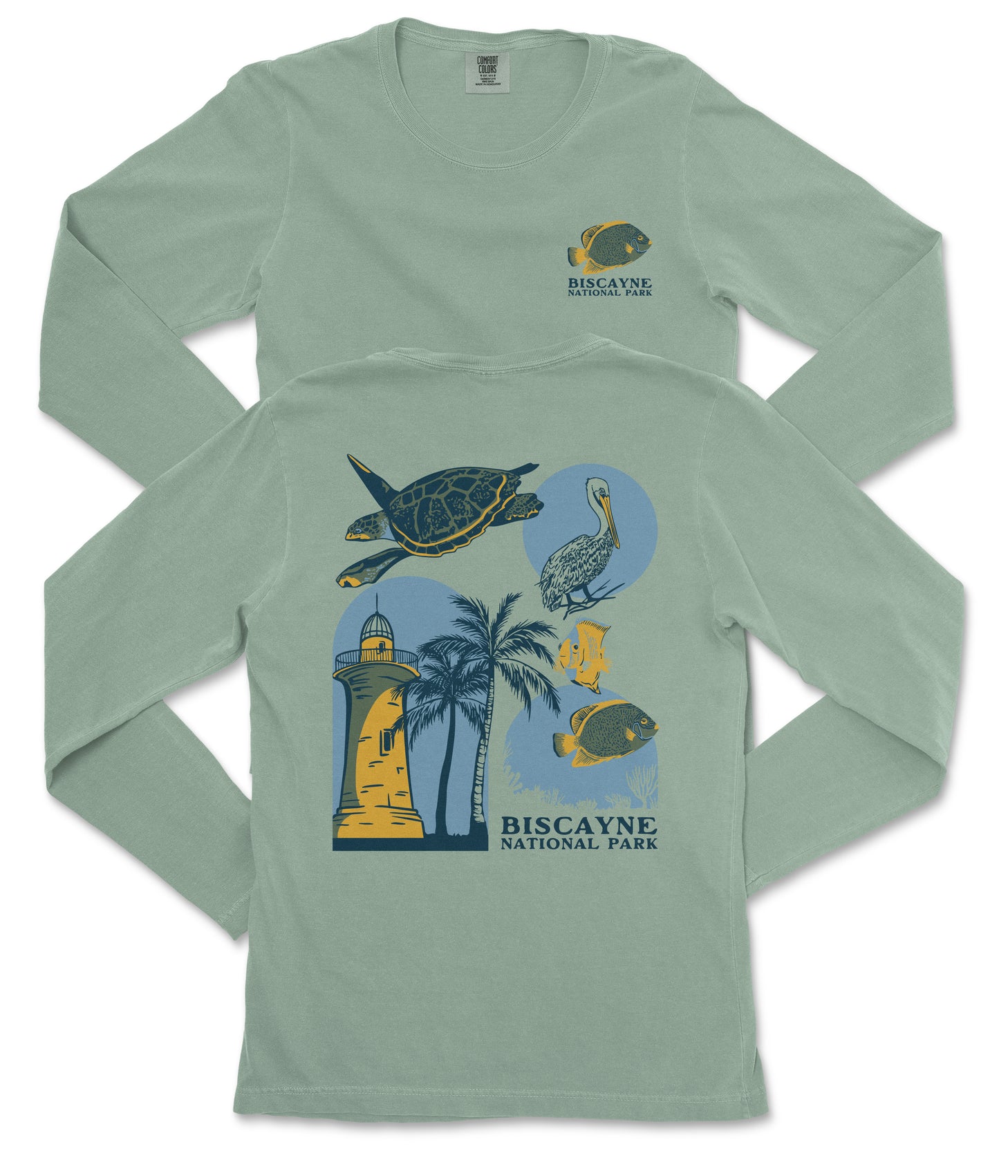 A green long-sleeved t-shirt with a graphic design depicting various marine life and landmarks, including a lighthouse, a turtle, a crane, and palm trees.