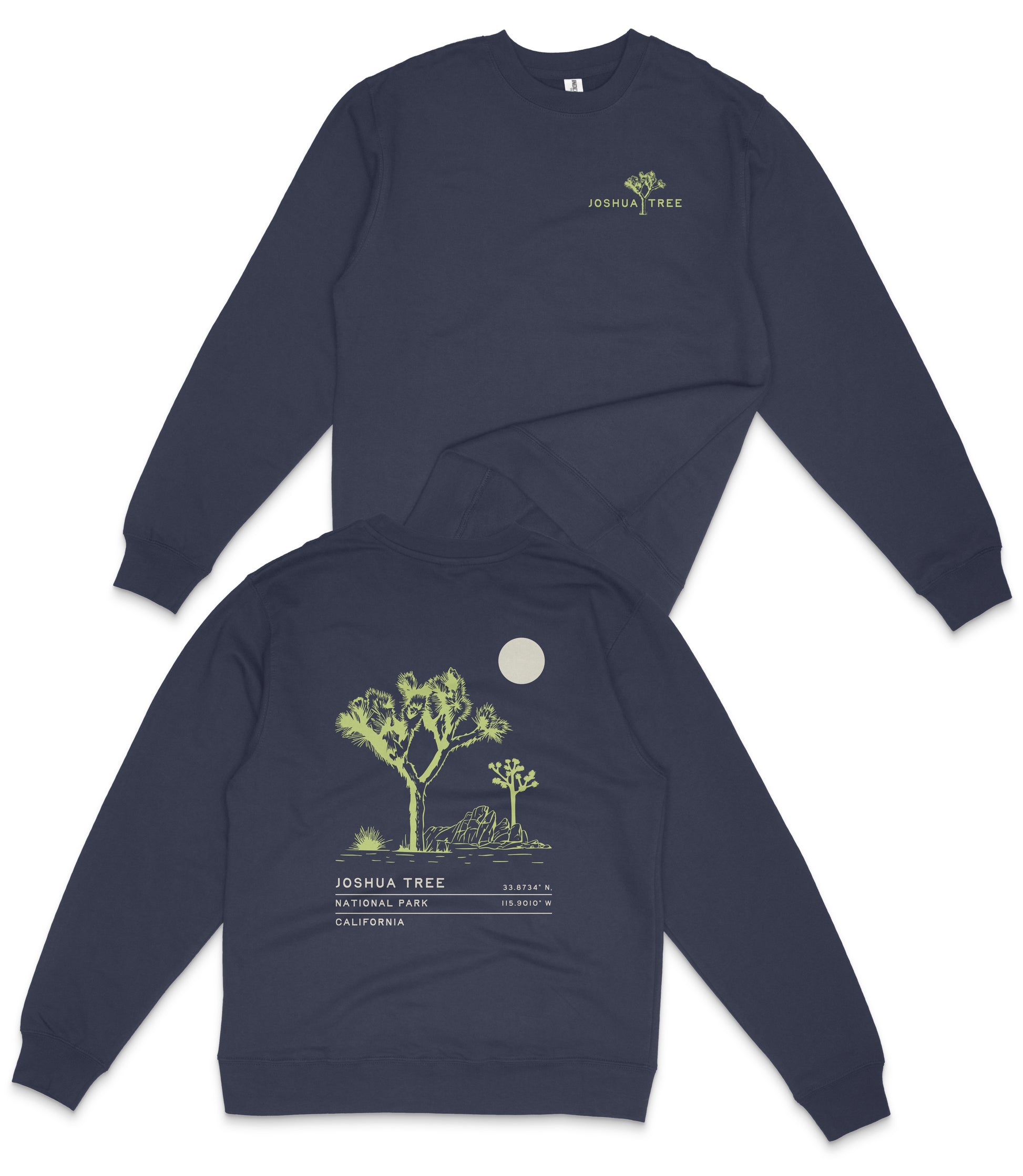 a navy blue long-sleeved shirt with a graphic design on the back, depicting a desert landscape with a tree and a moon.