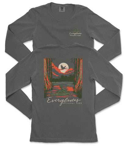a gray long-sleeve t-shirt with a graphic design depicting a sunset over Everglades National Park.