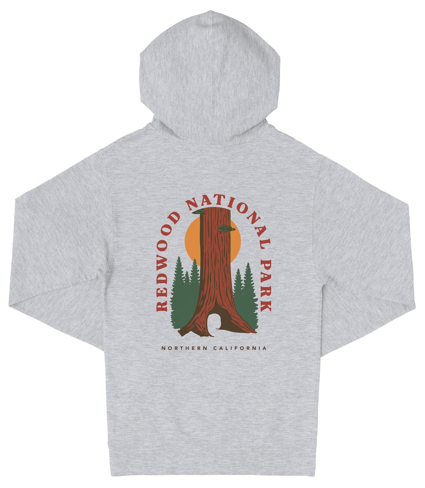 A gray hooded sweatshirt with a graphic design featuring a redwood tree and the text "REDWOOD NATIONAL PARK NORTHERN CALIFORNIA".