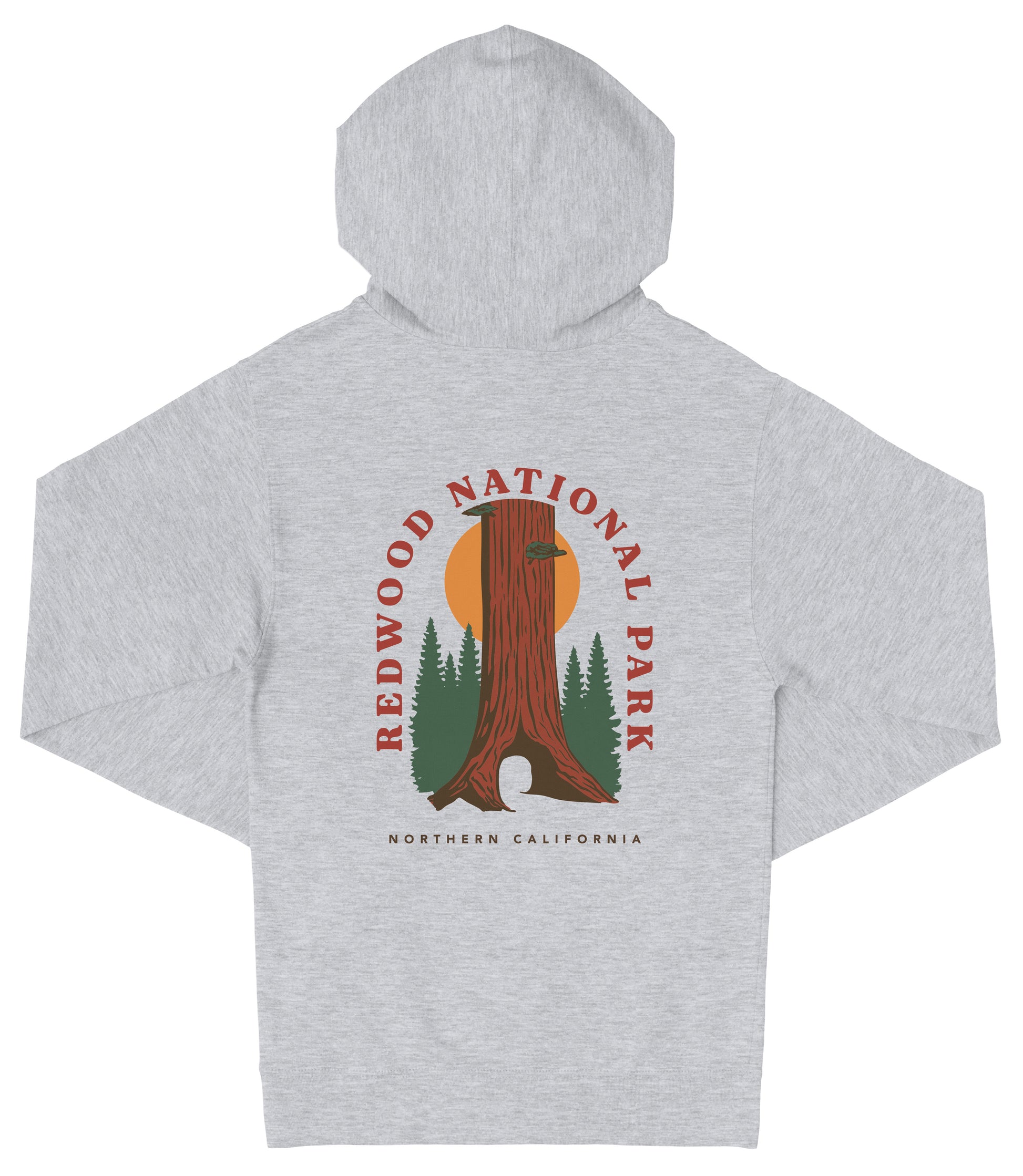 A gray hooded sweatshirt with a graphic design featuring a redwood tree and the text "REDWOOD NATIONAL PARK NORTHERN CALIFORNIA".