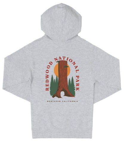 A gray hooded sweatshirt with a graphic design featuring a redwood tree and the text "REDWOOD NATIONAL PARK NORTHERN CALIFORNIA".