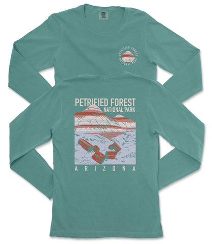 A long-sleeved green t-shirt with a graphic design depicting a mountain and the text "PETRIFIED FOREST NATIONAL PARK ARIZONA" printed on it.
