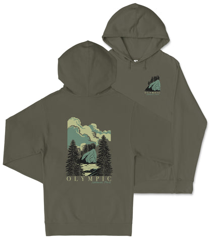 A hooded sweatshirt with a graphic design depicting a scenic landscape with mountains, trees, and a body of water.