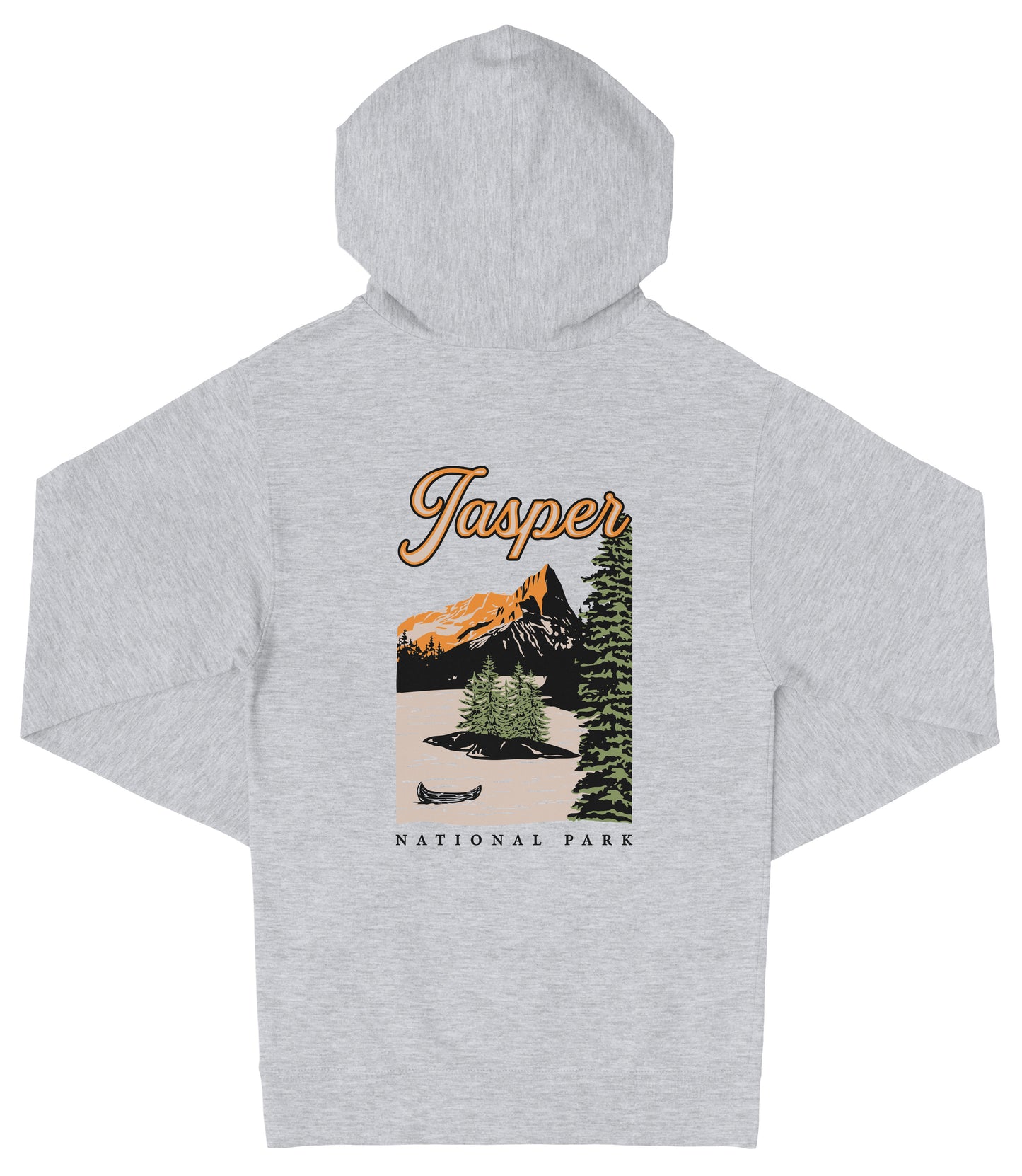 A grey hooded sweatshirt with a graphic design depicting a scenic landscape with mountains, pine trees, and a canoe on a lake.