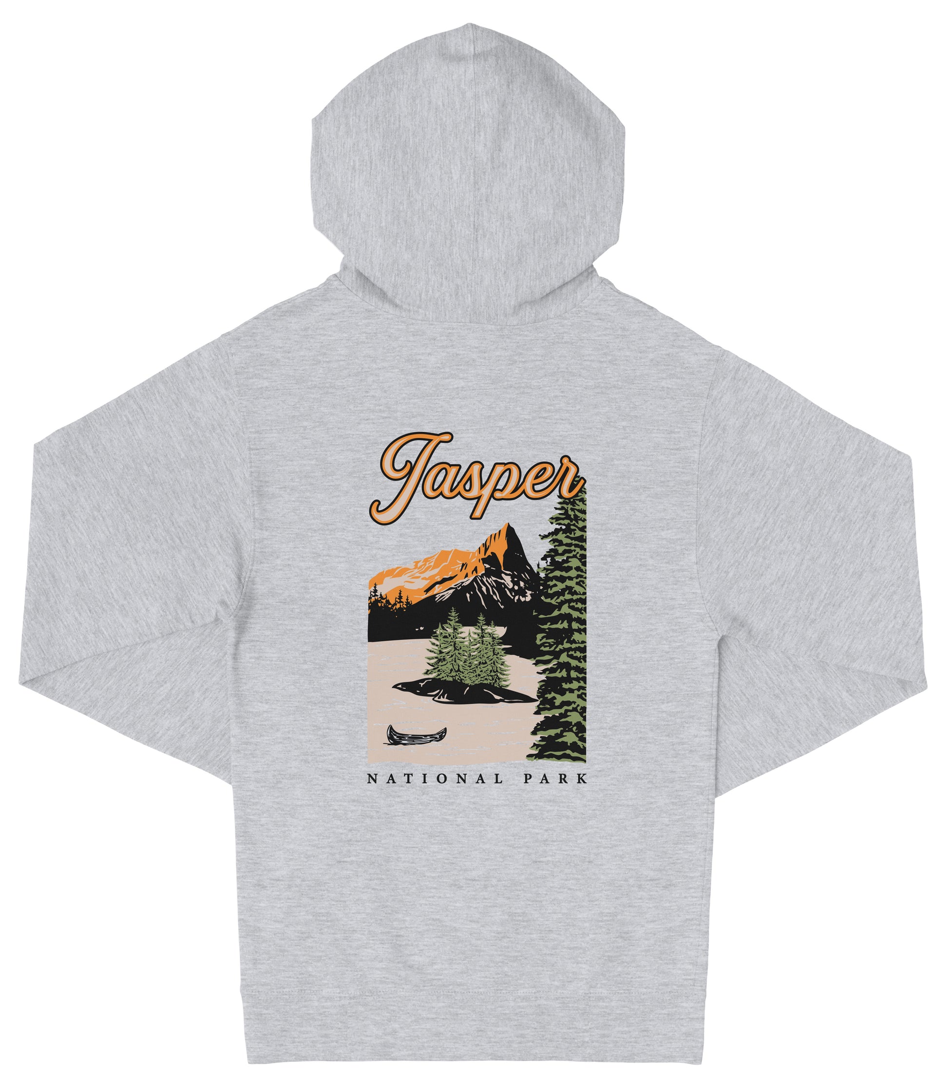 A grey hooded sweatshirt with a graphic design depicting a scenic landscape with mountains, pine trees, and a canoe on a lake.