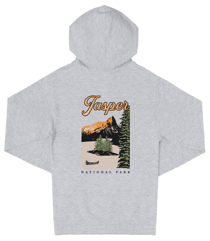 A grey hooded sweatshirt with a graphic design depicting a scenic landscape with mountains, pine trees, and a canoe on a lake.