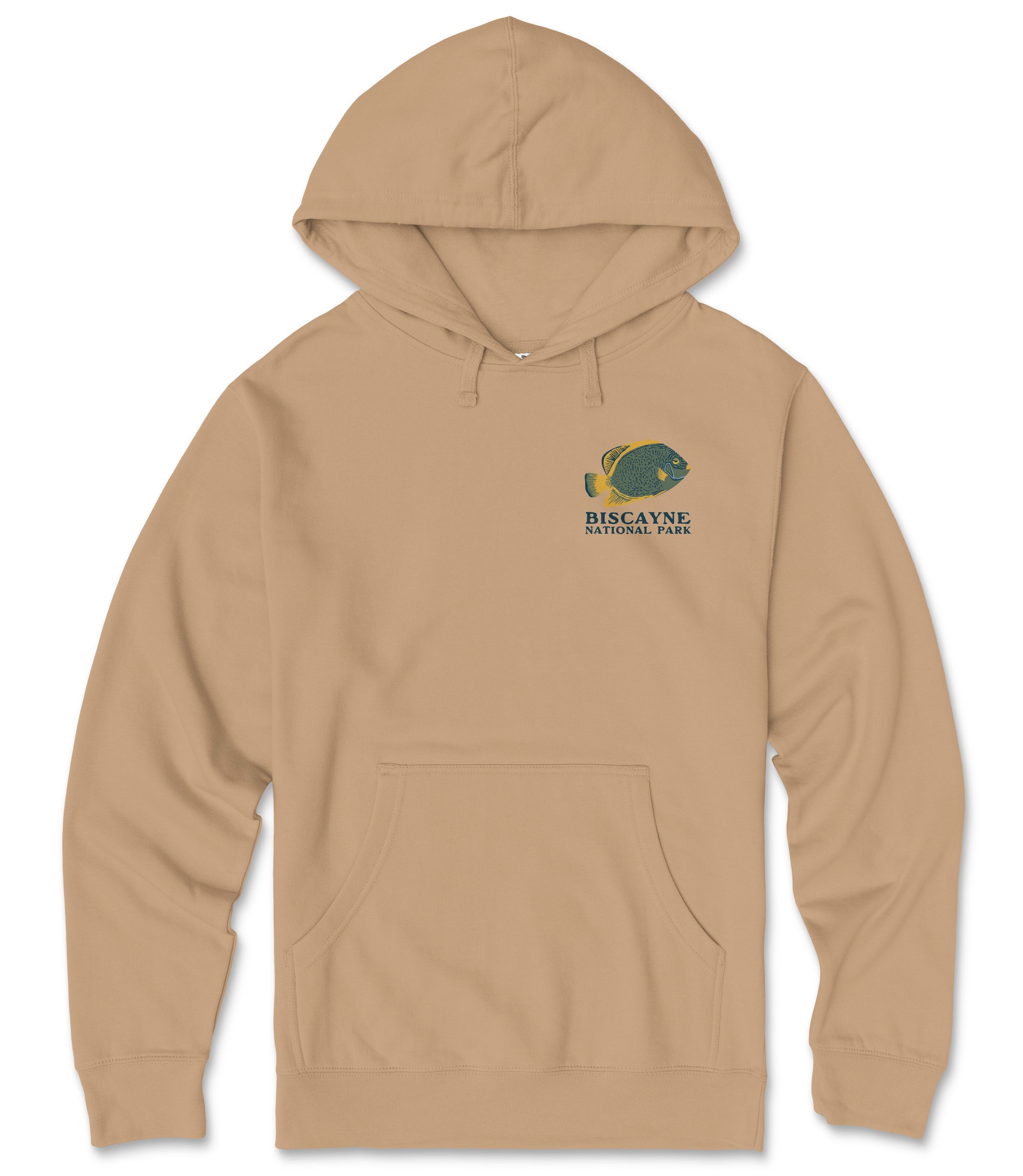 A beige hoodie with a graphic of a fish and the text "Bingayne National Park" printed on it.