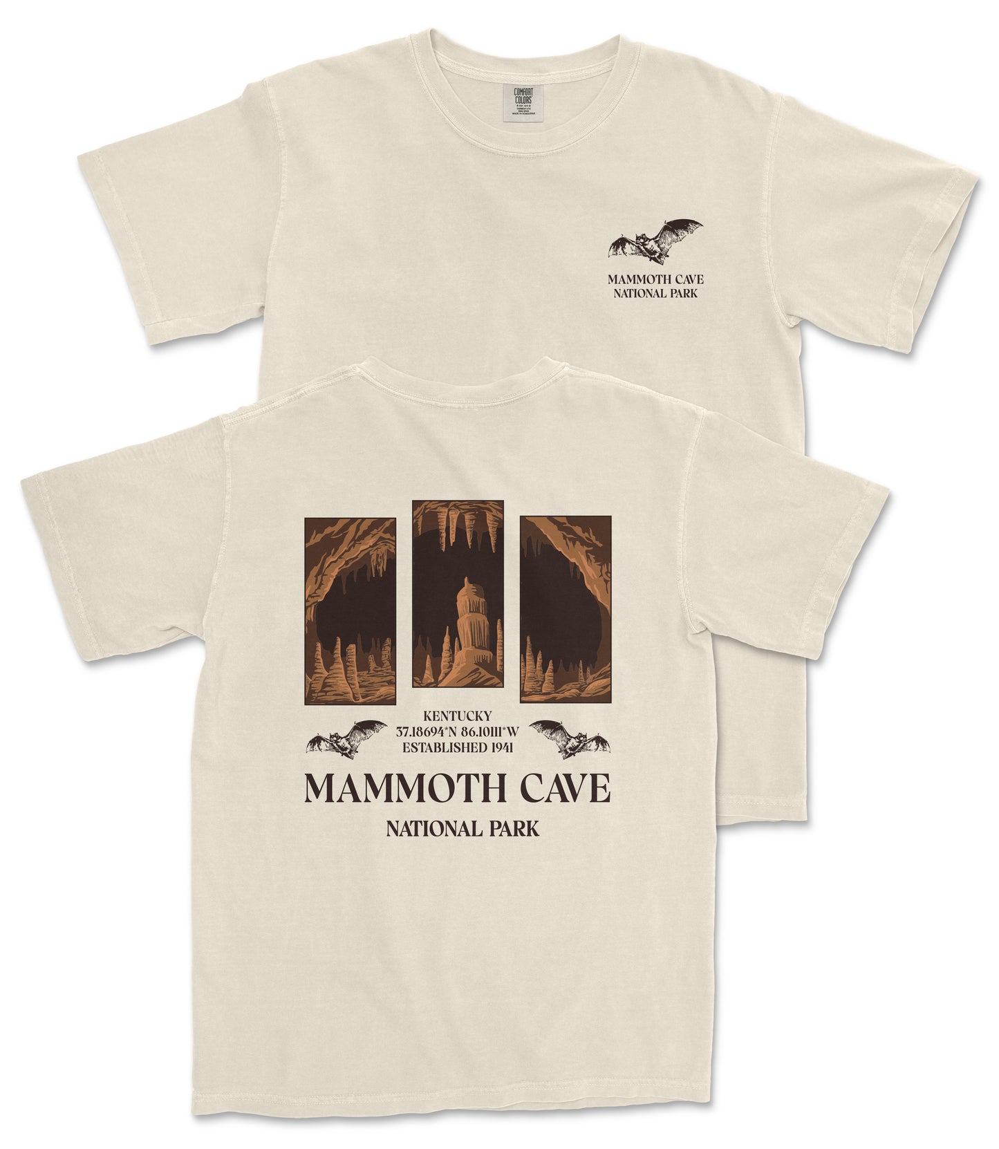 a cream-colored t-shirt with a graphic design depicting a cave scene, along with text that reads "Mammoth Cave National Park".
