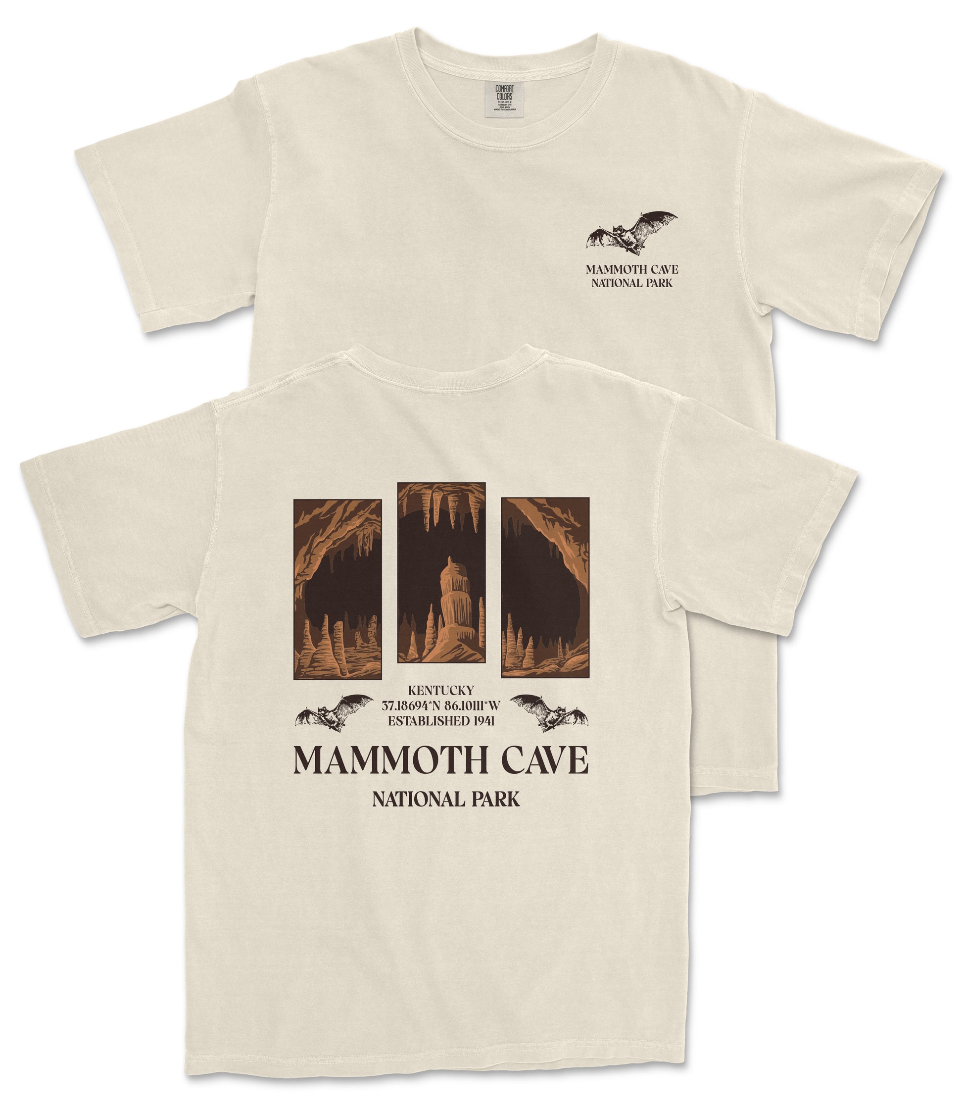 a cream-colored t-shirt with a graphic design depicting a cave scene, along with text that reads "Mammoth Cave National Park".