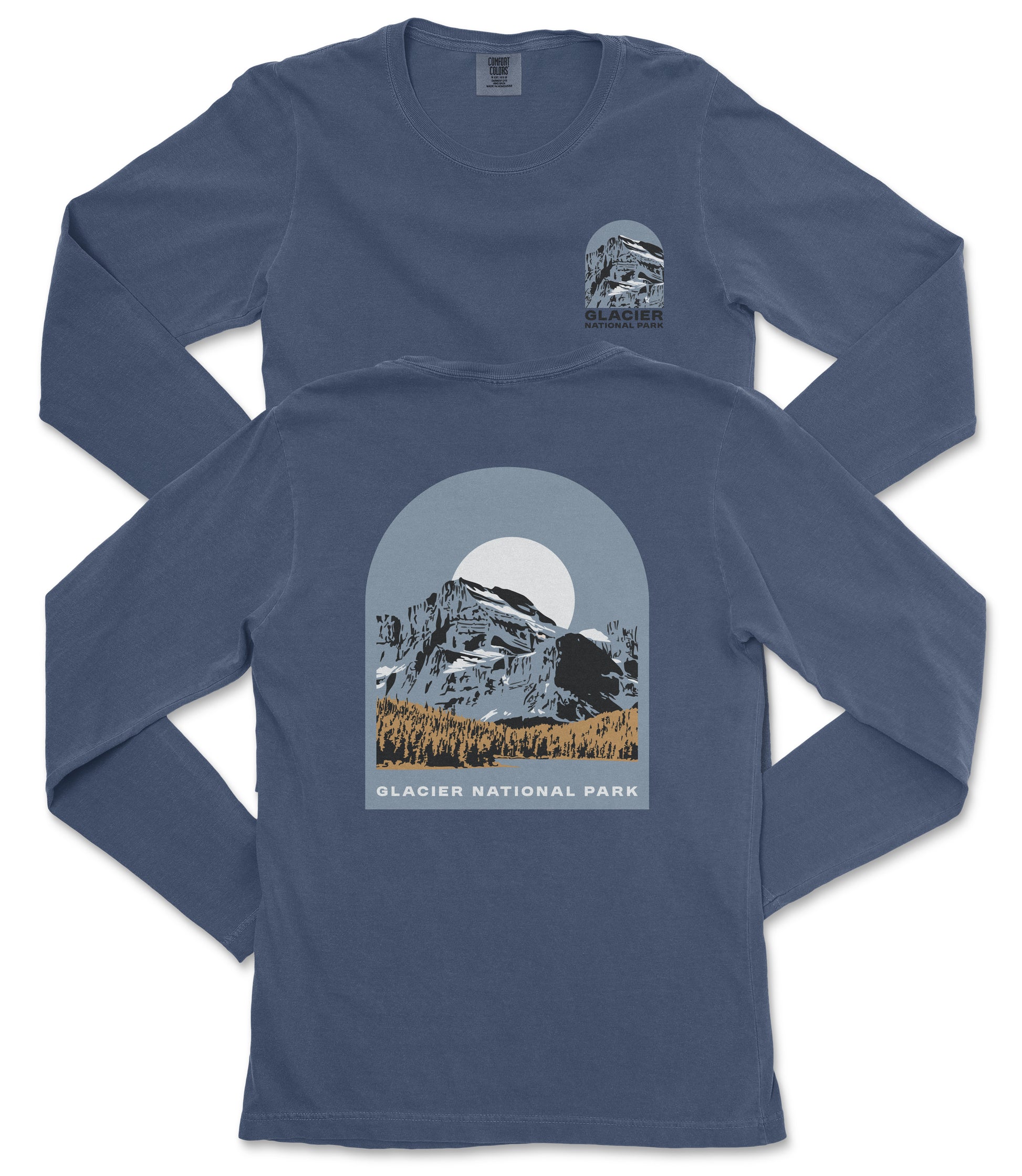 A long-sleeved blue t-shirt with a graphic design depicting a mountain landscape and the text "Glacier National Park" printed on it.