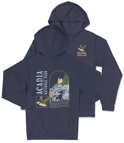 A navy blue hooded sweatshirt with a graphic design depicting a scenic landscape, including a mountain, river, and bird.