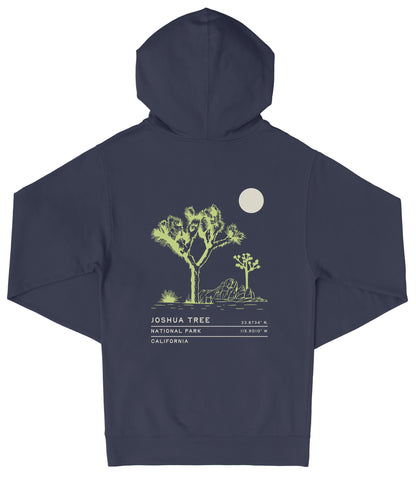 A navy blue hooded sweatshirt with a graphic design depicting a desert landscape with a tree and a moon.