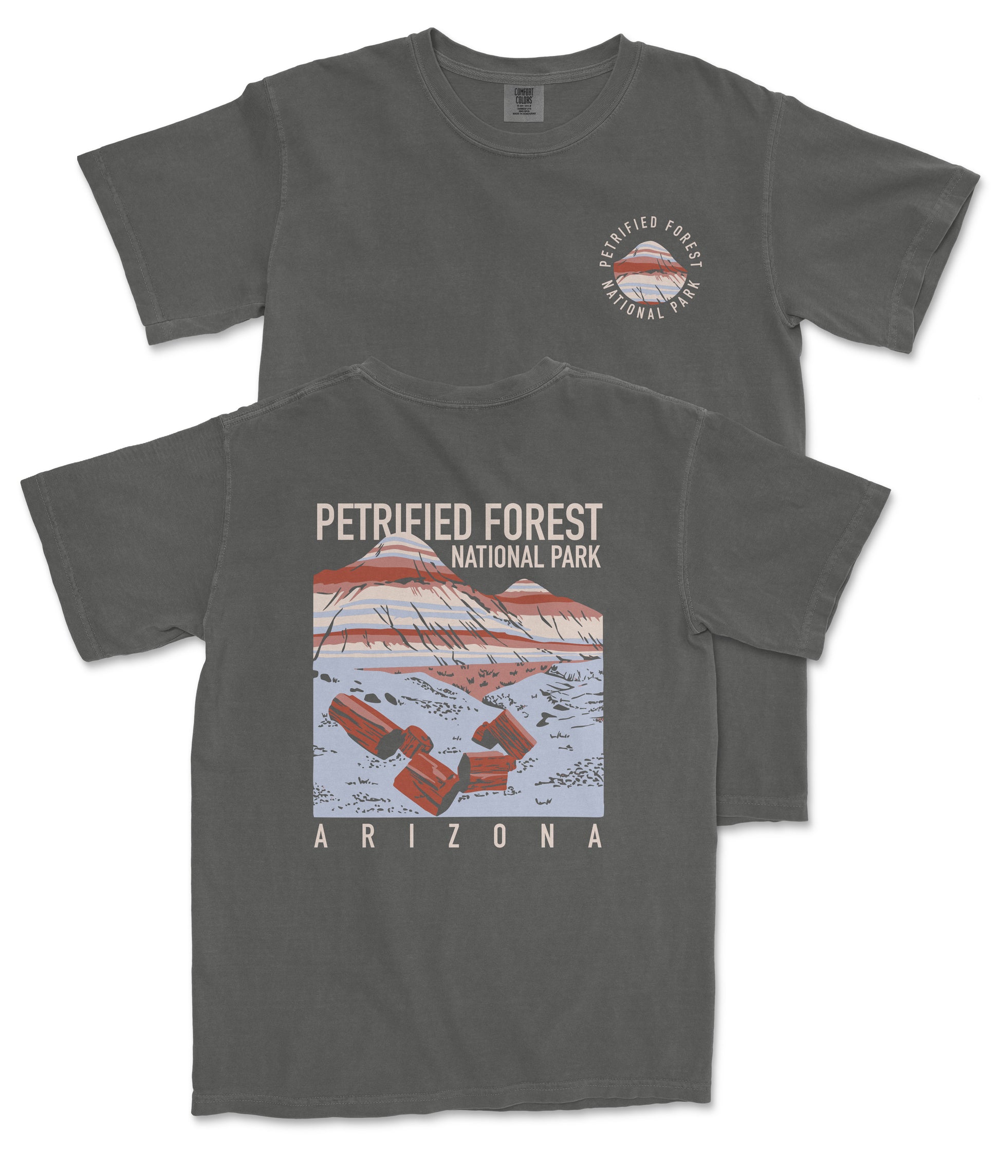 a gray t-shirt with a graphic design depicting a scenic landscape, including mountains, a lake, and a desert. The text on the t-shirt reads "PETRIFIED FOREST NATIONAL PARK ARIZONA".