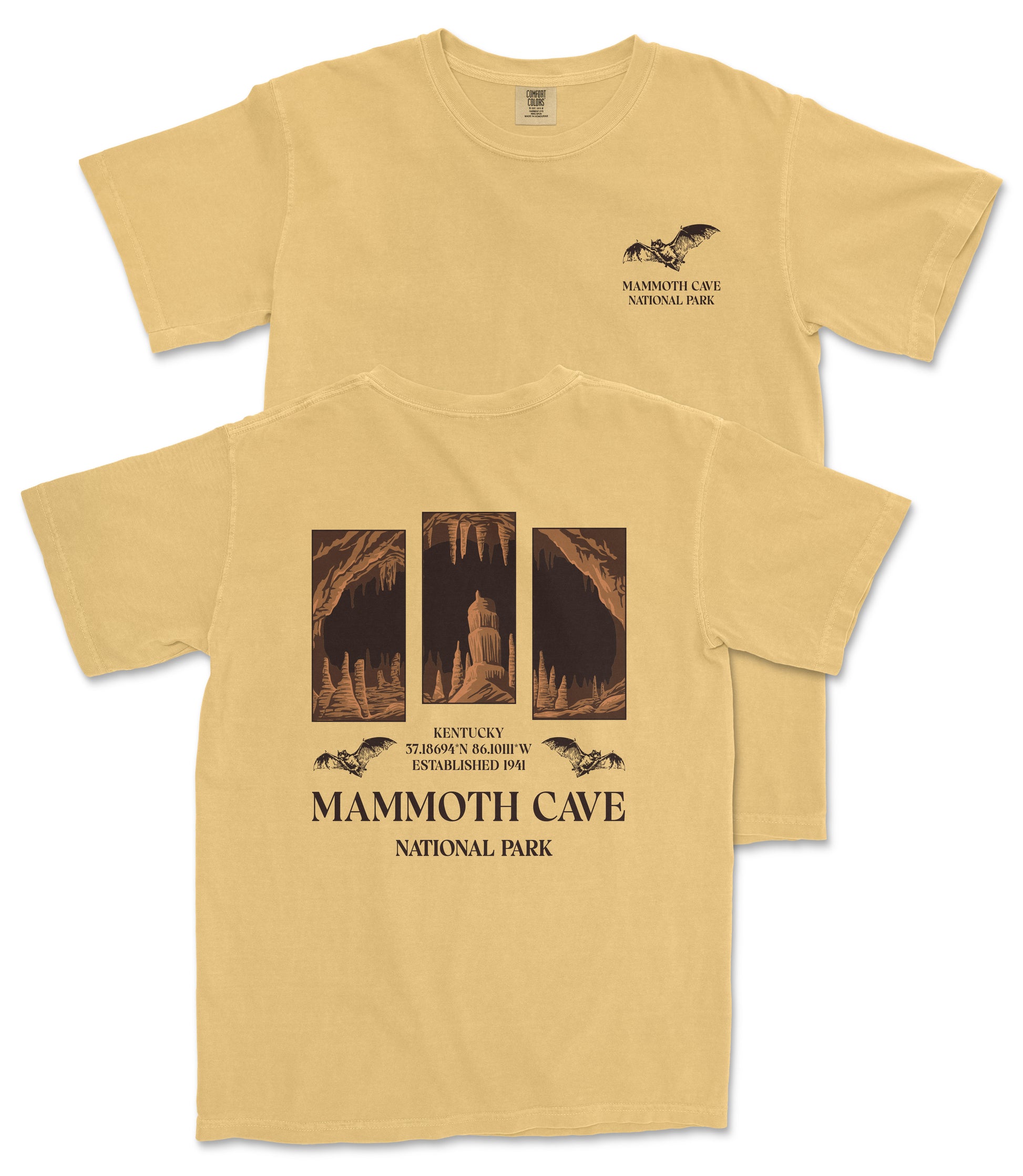 A yellow t-shirt with a graphic design depicting the Mammoth Cave National Park, featuring a bat silhouette and three cave images.