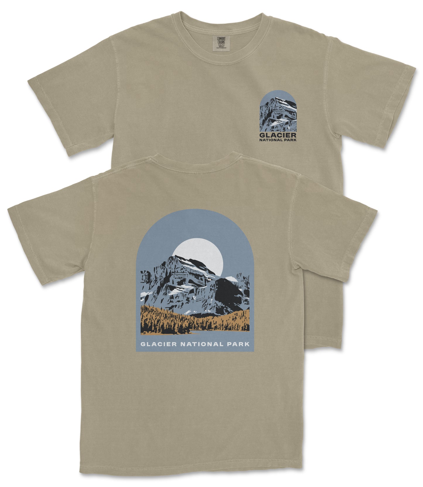 a beige t-shirt with a graphic design depicting a mountain landscape with a full moon. The design includes the text "Glacier National Park" and "Glacier" along with a mountain silhouette.